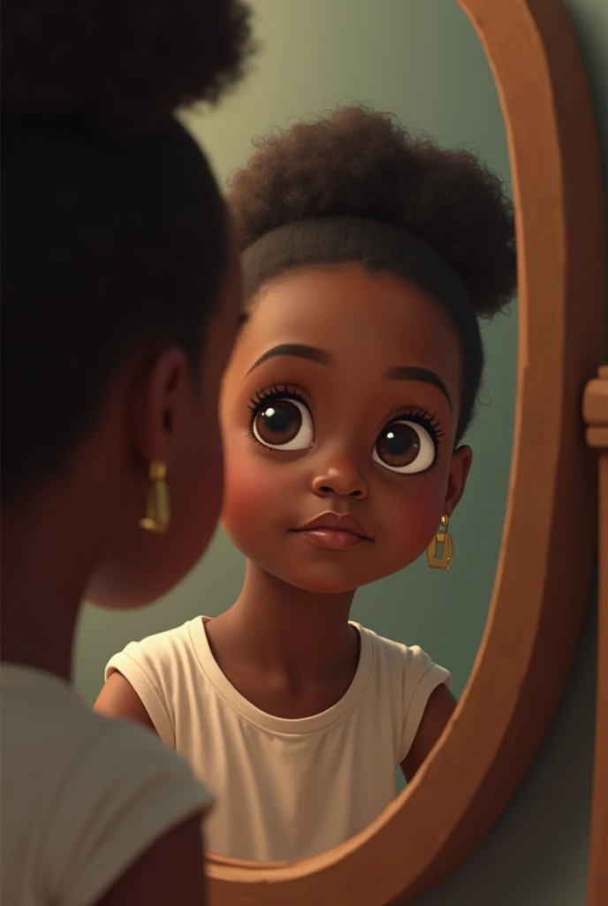 Une jeune fille noir avec des cheveux crépus , peigné en chognon, elle est habillé avec un t-shirt qui écrit Jemima , elle se regarde dans un miroir et elle voit son reflet habillé en tenu de médecin qui la regarde en souriant ce qui la rassure.