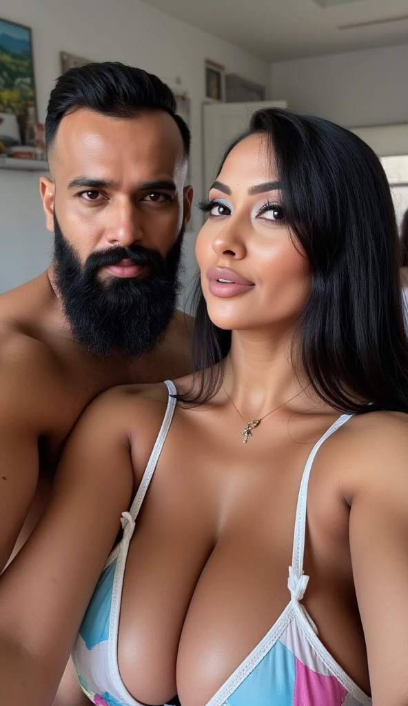 Beautiful brunette mother, 38 years old (straight hair, wearing a thong, topless) standing next to a teenage thug.