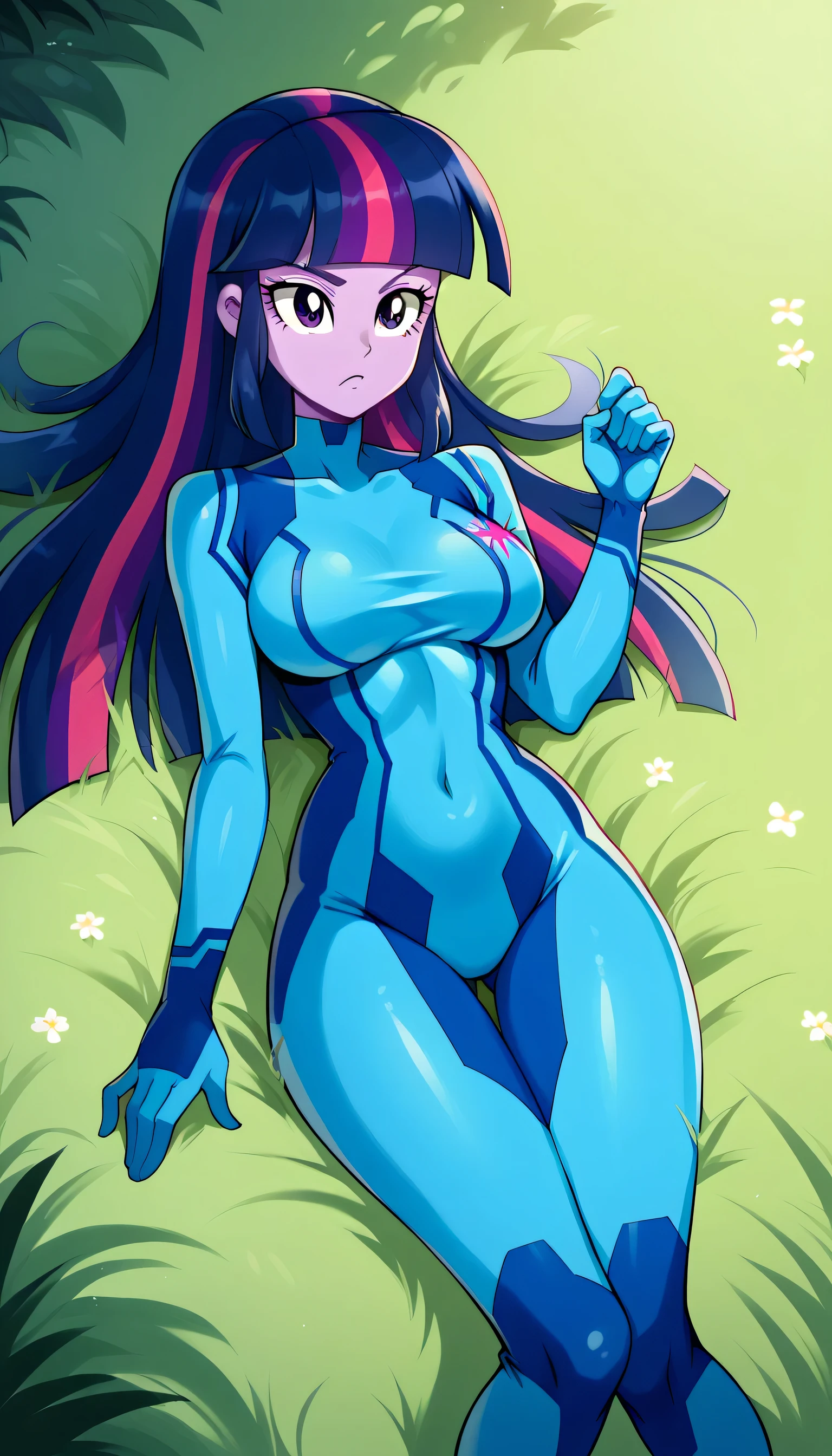 Twilight Sparkle EQG Blue hair Purple skin and eyes,long hair,Plain, grass, big breasts,samusarancosplay, samus aran \(cosplay\), blue bodysuit, bodysuit, covered navel, skin tight, zero suit,