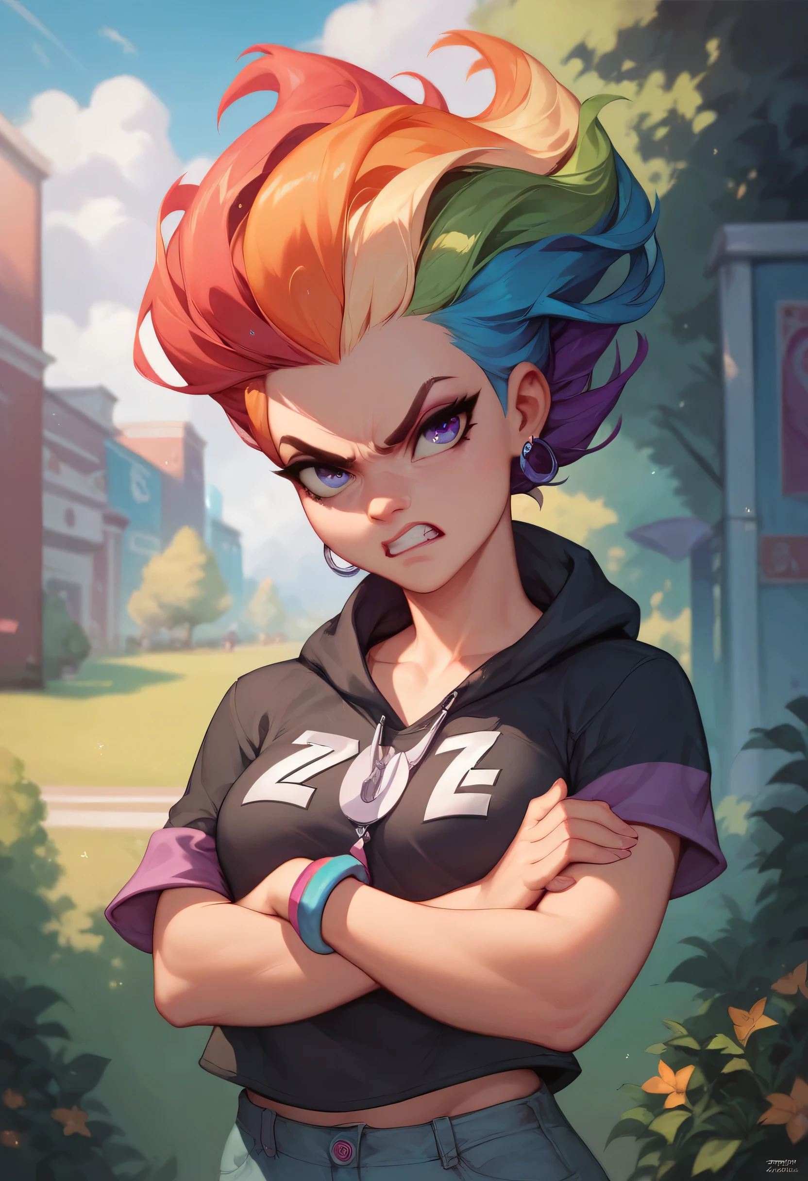 absurdres, highres, ultra detailed,zoe, rainbow colored hair, outdoor, A gram, crossed arms, underneath, head turned to the side, angry facial expression