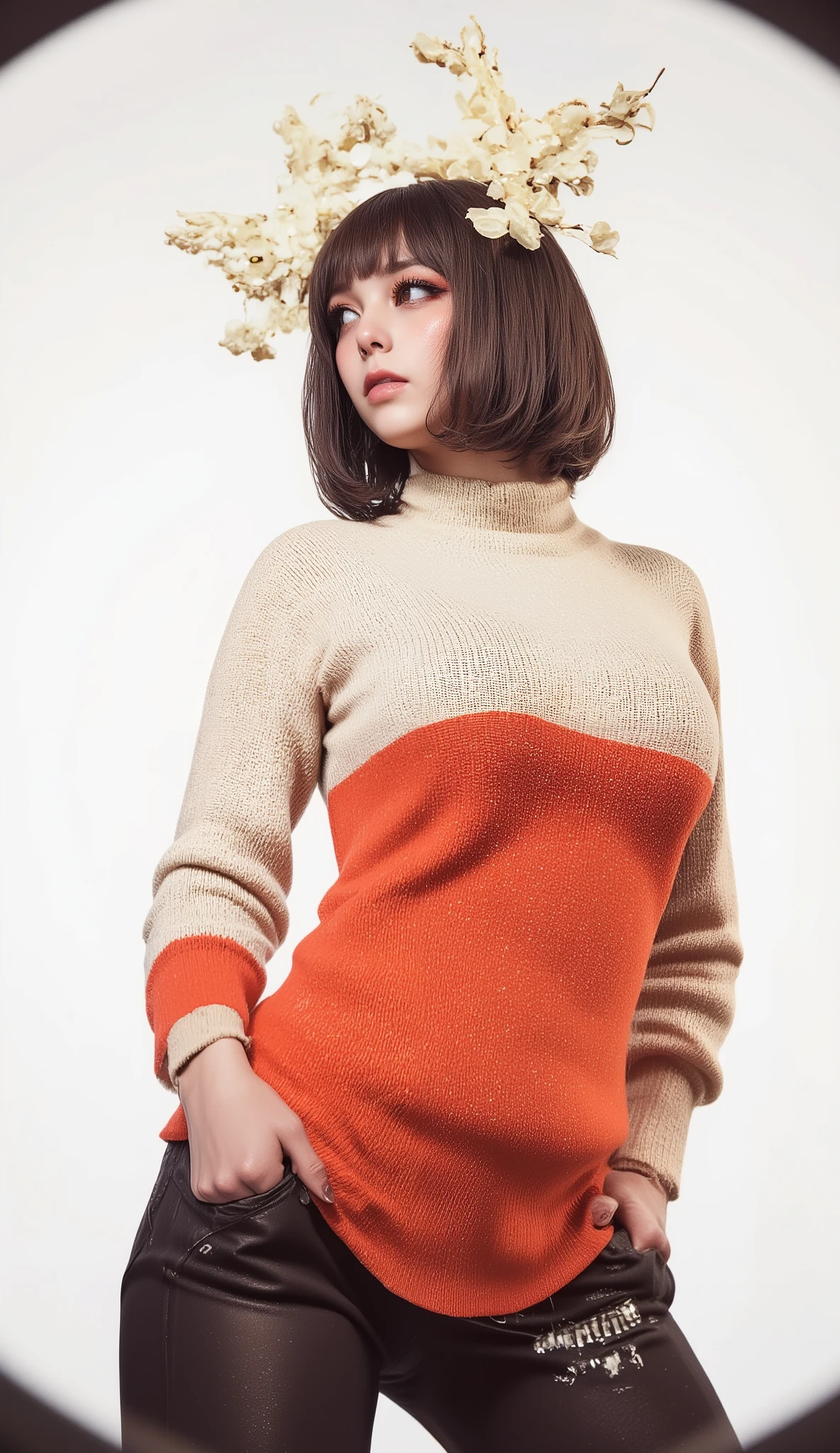 Fisheye Wide Angle , high angle、profile、off-white and orange knitted sweater, Fisheye Wide Angle 1 of Mori Gutterpunk women , A giant circle of glowing marble angels、 bangs with lots of flowers 、 wearing leggings and trainers 、 big breasts、 chest、 with white lettering put your hands in your pocket 、The expression and outfit are 、Bold makeup and accessories. Underfoot shadows、 high angleで強めの魚眼視点、 white background、 is anatomically correct、
