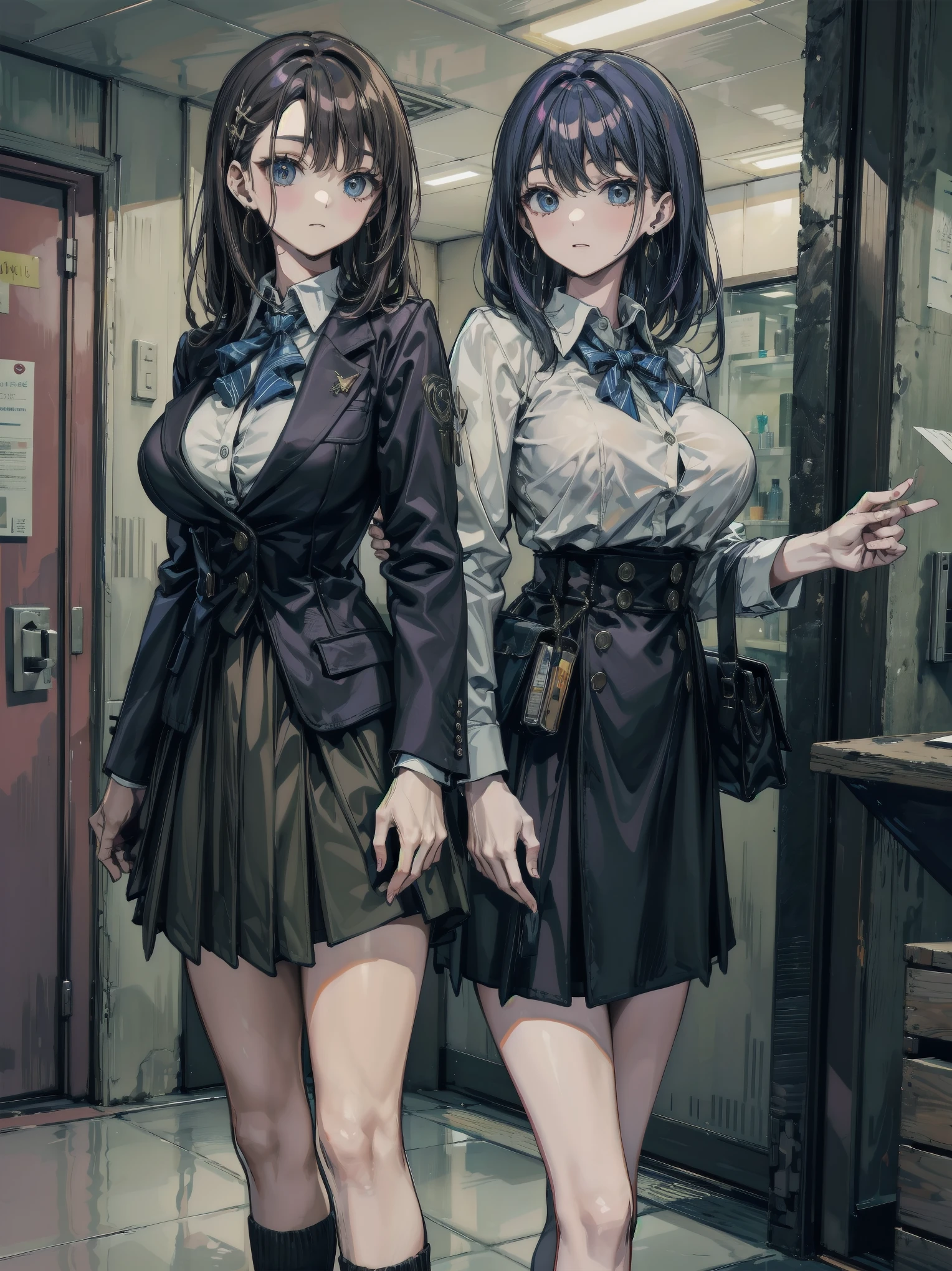 absurdres, RAW photo, extremely delicate and beautiful, masterpiece, Best Quality, ultra high resolution, 32k, hyperrealistic, ultra-detailed, perfect , super Detailed skin, perfect figure, in her 20s, very Slim body, narrow waist, very small head, very small face, delicate facial features, tearful mole, earring, thin legs, very huge round , full body shot, 3 girls, medium hair, black hair, ((school_uniform)),