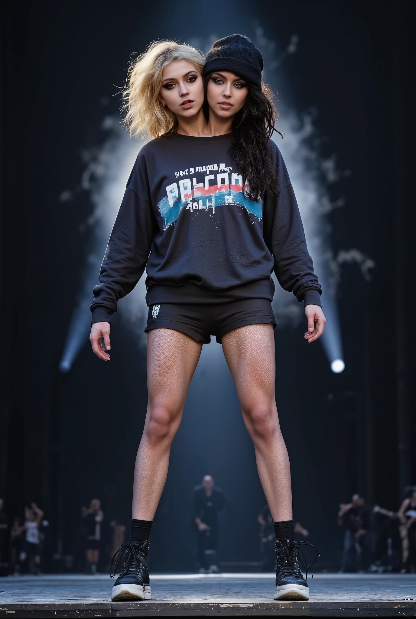 Two-headed taylor momsen, full body, wide shoulders, space between heads, light makeup, one head with beautiful blonde hair, one head with thick black hair, one head wearing a beanie, (thick bangs:1.3), (messy shoulder length hair), woman, ((eyeliner, lipstick)), smiling, wearing oversized sports jersey, short yoga shorts, tights, fishnets, standing on stage, ((beautiful two-headed woman)), ((small waist, toned stomach))