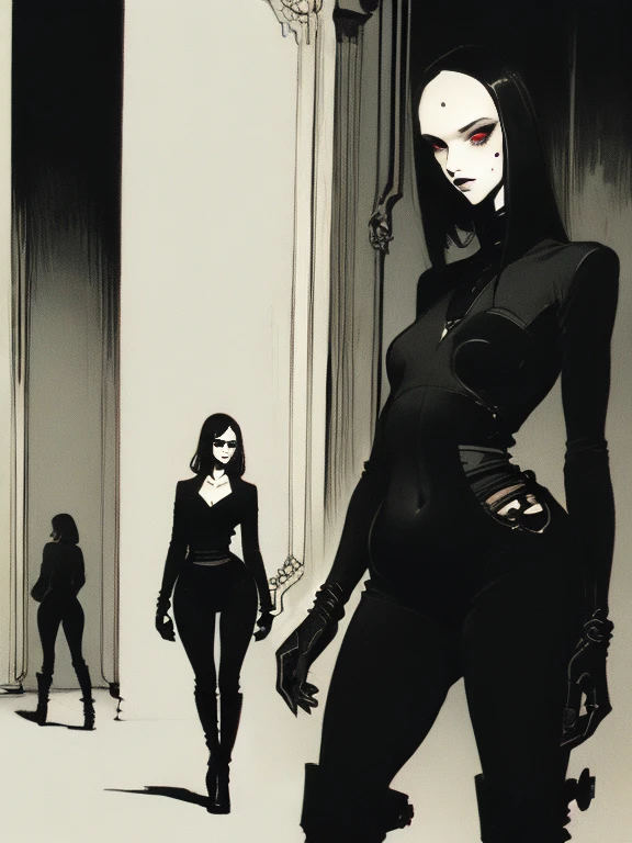 Woman alone, European woman, (((wide hips: 1.5))), 8k, absurd res, ((wide eyes: 1.4)), flawless face, girl with a soft body, (crisp black deco style formal business clothing), 1girl, average body, natural body, ((super wide hips: 1.3)), full body image, 1girls, solo, masterpiece, highly detailed, detailed eyes, expressive detailed eyes, pale skin, wide eyed, detailed pupils, realistic skin , blush, some freckles, realistic skin texture, ((small breasts: 1.3)), blushing, super detailed skin, smooth background, analog style, (chin length hair), ((dark hair: 1.5)), deco cyberpunk setting, (broad hips), entire head and body image, ((her entire head and body must be in view)), perfect anatomy, anatomically correct, ((pale skin)), 