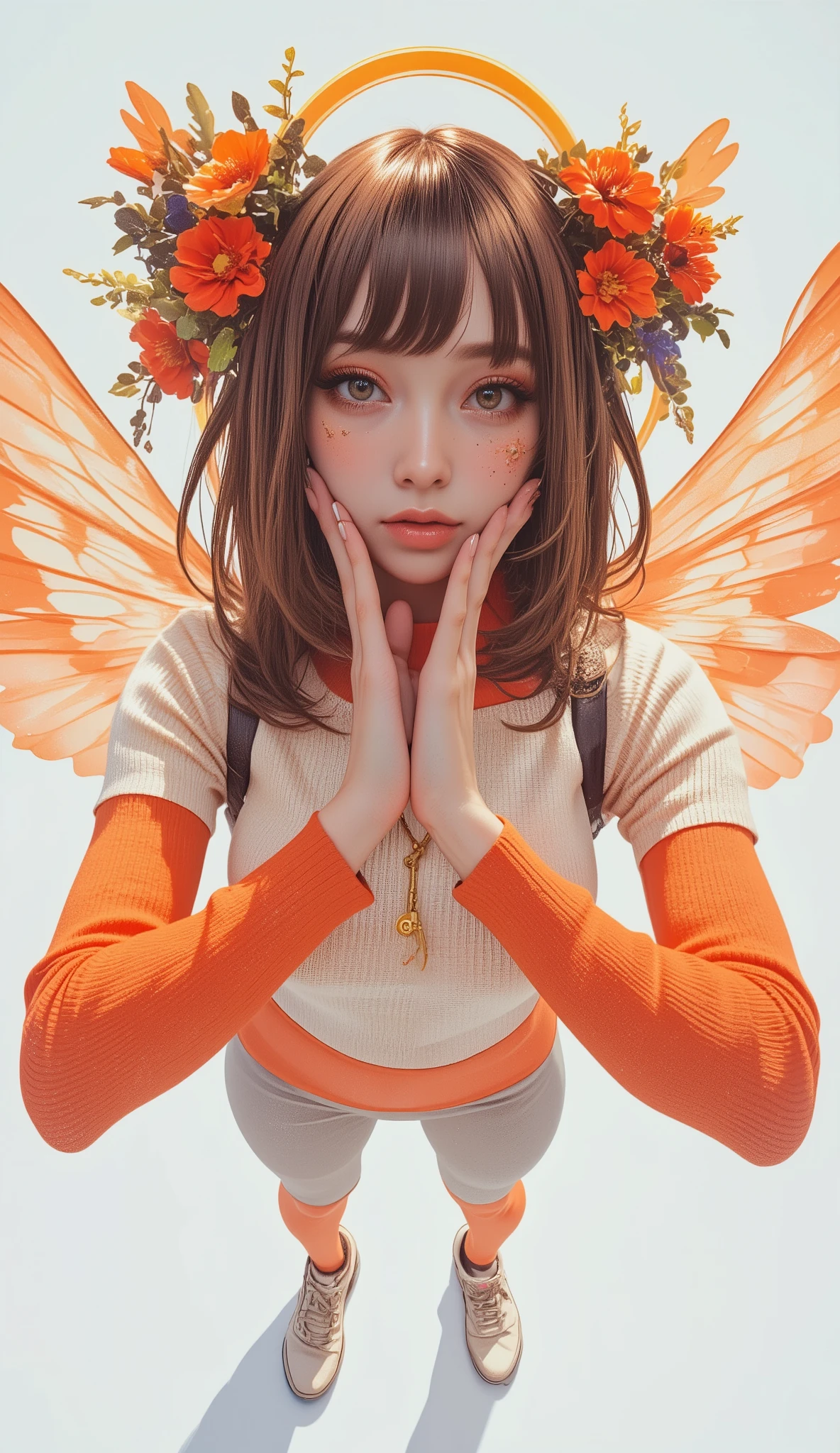 Fisheye Wide Angle  ,  high angle、Face Zoom In 、off-white and orange tight knit sweater, Fisheye Wide Angle  １ of Mori Gutterpunk women  , A giant circle of glowing marble angels、 bangs with lots of flowers 、 wearing leggings and trainers 、 big breasts、 chest、 lift chest with hands、The expression and outfit are 、Bold makeup and accessories. Underfoot shadows、  high angleで強めの魚眼視点、 white background、 is anatomically correct、