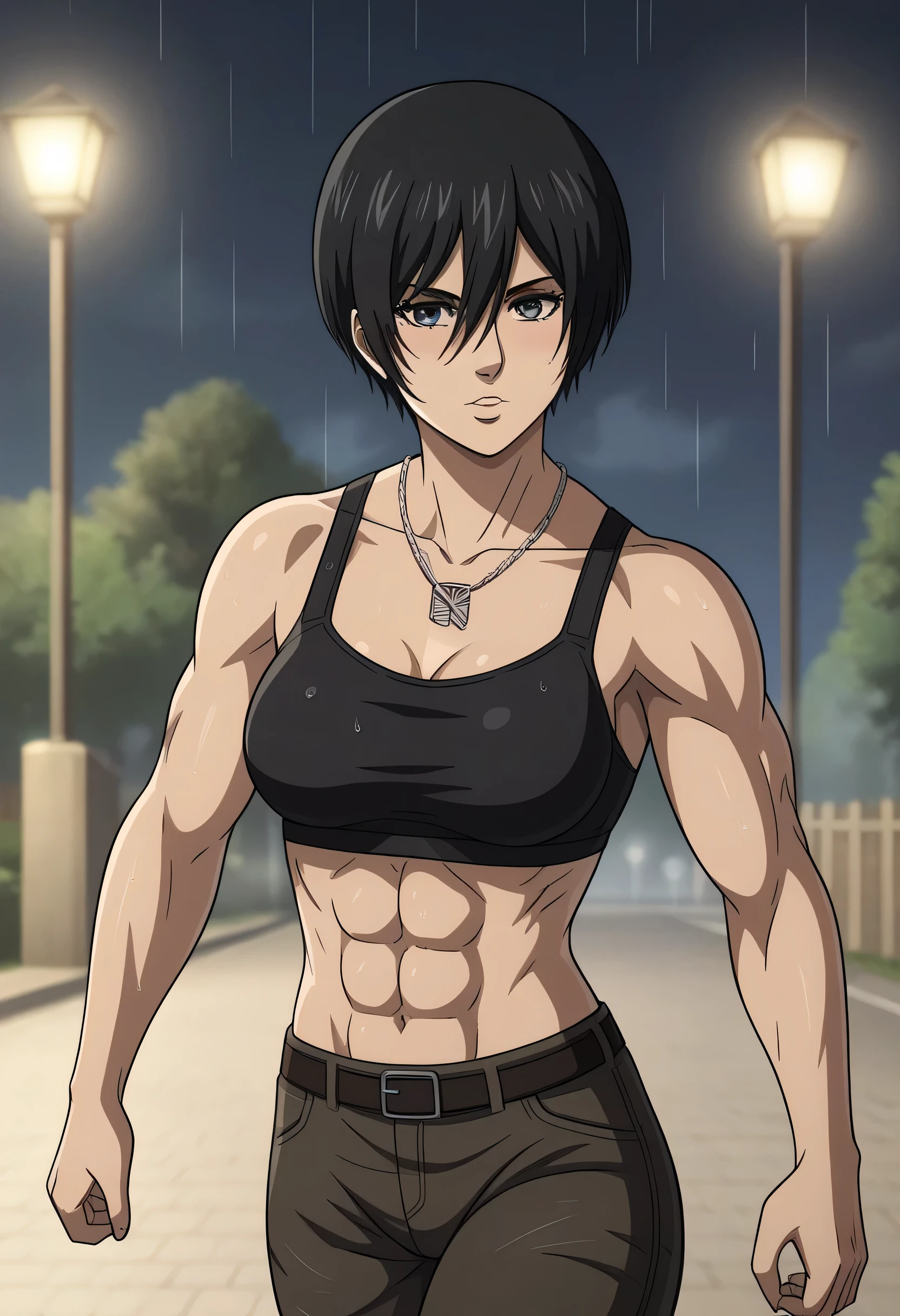 score_9, score_8_up, score_7_up, BREAK source_anime, mikasa ackrman, grey eyes, black hair, short hair, medium breasts,Mikasa wreanig sport black bra and black loose military trousers,mikasa with good looking body,perfect lighting,mikasa final season design,mikasa mappa version,walking on street,Perfect generation,mikasa boy hairstyle,mikasa season 4 version,attack on titan graphics,in night,HD wallpaper,perfect colors,pixie cut hairstyle,fighting face,raining,wet body,mikasa wreanig chains necklace,mikasa flat stomach,mikasa only six-pack,normal body size,anime style tone six-pack,1 girl,solo,pelvis muscles 