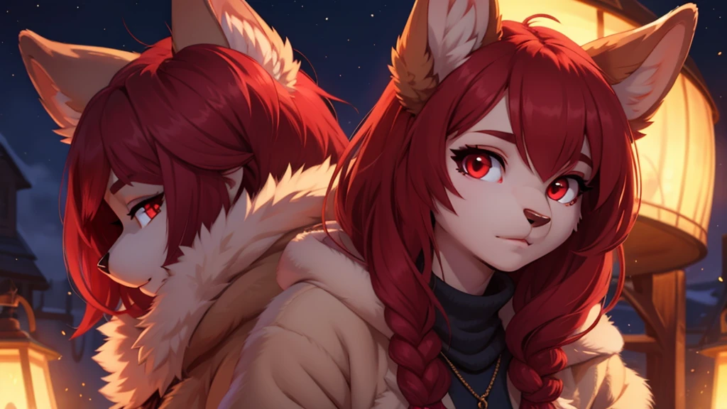 a close up of a woman with red hair and a fox, a beautiful fox lady, foxgirl, orange skin and long fiery hair, green eyes, magali villeneuve', graphic artist magali villeneuve, ginger hair and fur, inspired by Magali Villeneuve, in style of anne stokes, red haired goddess, fantasy fox love, fire hair, by Galen Dara
