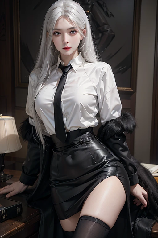 photorealistic, high resolution, soft lights, 1women, solo, hips up, blue eyes, white hair, long hair, close lips, collared shirt, black necktie,black skirt, pencil skirt, fur coat, stockings