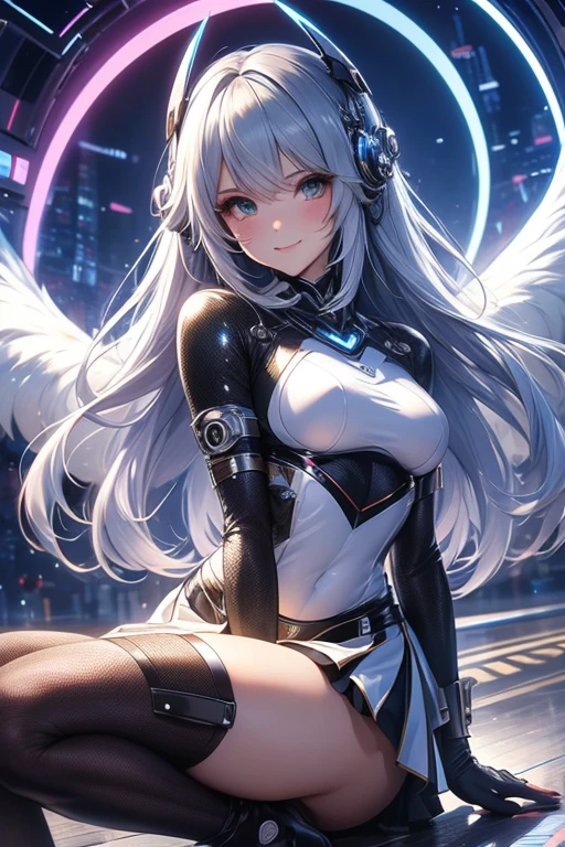 (Angel + Robot + Scorpion) × 1.3, long white hair, breasts, navel ring, unfolded light wings, feather details, light halo, high-tech punk atmosphere on background, bright eyes, highest quality, highest resolution, masterpiece, cinematic lighting