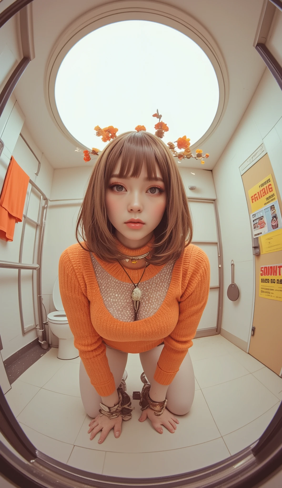 Fisheye Wide Angle , high angle、Face Zoom In 、off-white and orange tight knit sweater, Fisheye Wide Angle 1 of Mori Gutterpunk women , A giant circle of glowing marble angels、 bangs with lots of flowers 、 wearing leggings and trainers 、 big breasts、 chest、 in front of the washroom、The expression and outfit are 、Bold makeup and accessories. Underfoot shadows、 high angleで強めの魚眼視点、 white background、 is anatomically correct、