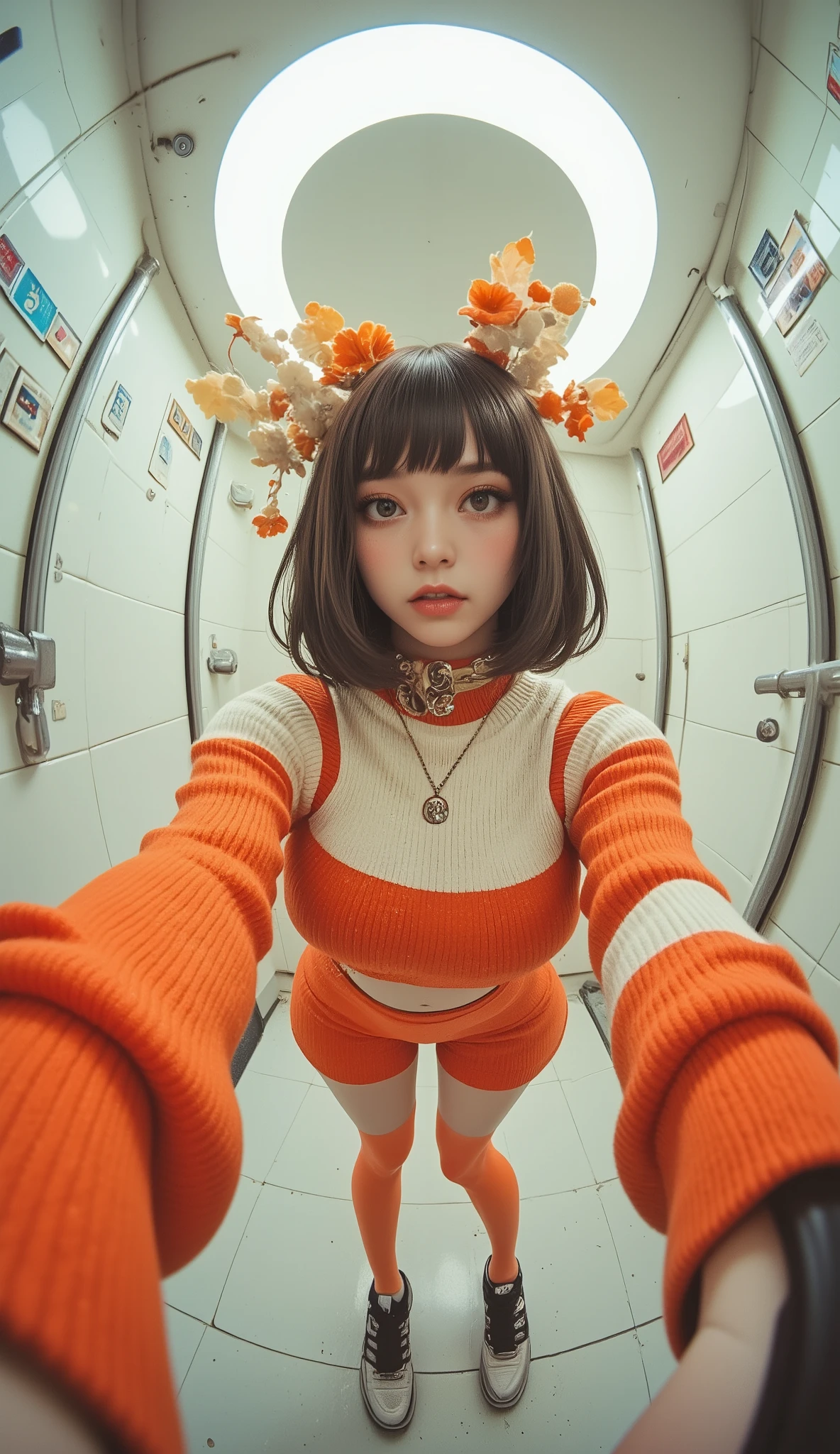 Fisheye Wide Angle  ,  high angle、Face Zoom In 、off-white and orange tight knit sweater, Fisheye Wide Angle  １ of Mori Gutterpunk women  , A giant circle of glowing marble angels、 bangs with lots of flowers 、 wearing leggings and trainers 、 big breasts、 chest、 in front of the washroom、The expression and outfit are 、Bold makeup and accessories. Underfoot shadows、  high angleで強めの魚眼視点、 white background、 is anatomically correct、