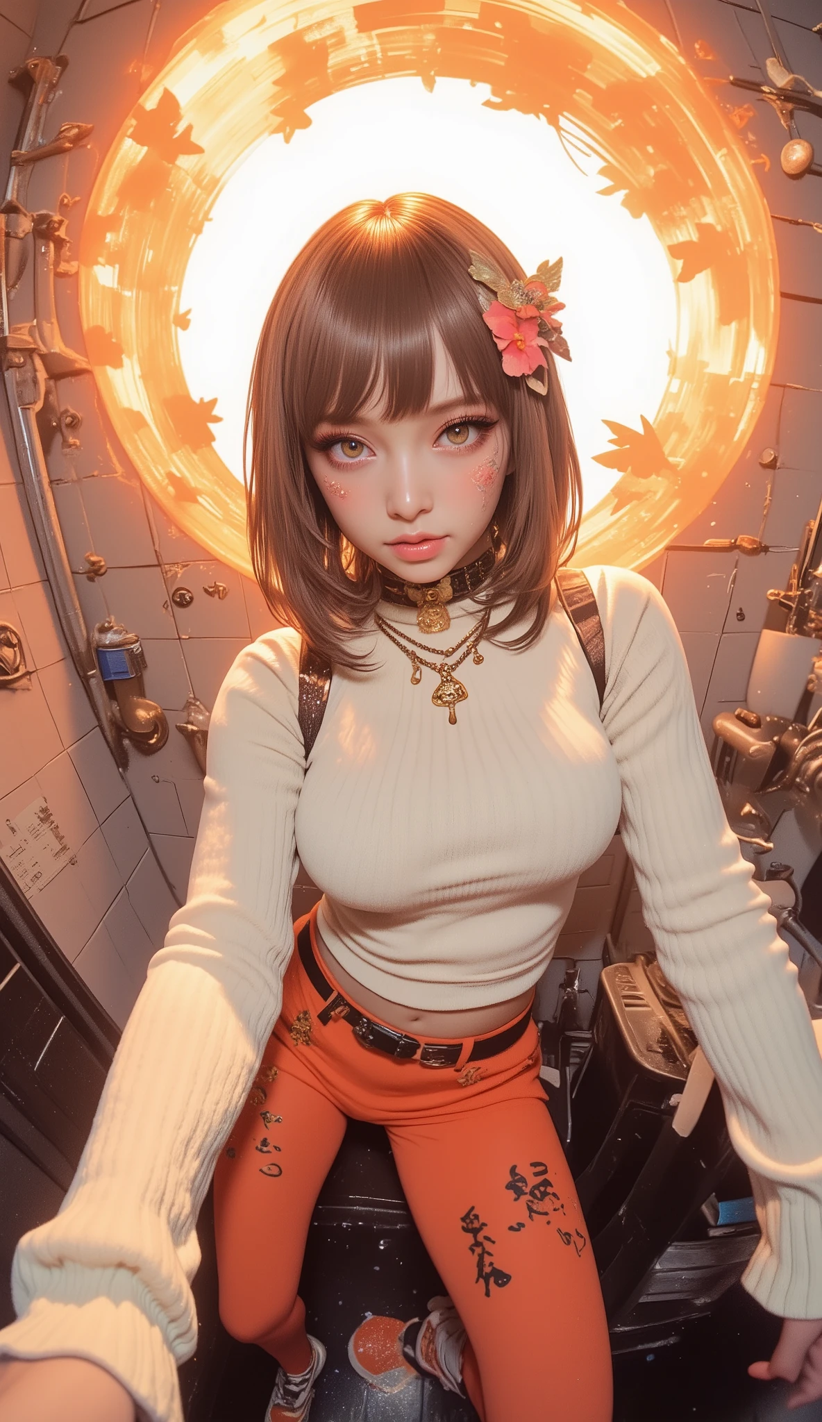 Fisheye Wide Angle , high angle、Face Zoom In 、off-white and orange tight knit sweater, Fisheye Wide Angle 1 of Mori Gutterpunk women , A giant circle of glowing marble angels、 bangs with lots of flowers 、 wearing leggings and trainers 、 very big breasts、 chest、 in front of the washroom、The expression and outfit are 、Bold makeup and accessories. Underfoot shadows、 high angleで強めの魚眼視点、 white background、 is anatomically correct、