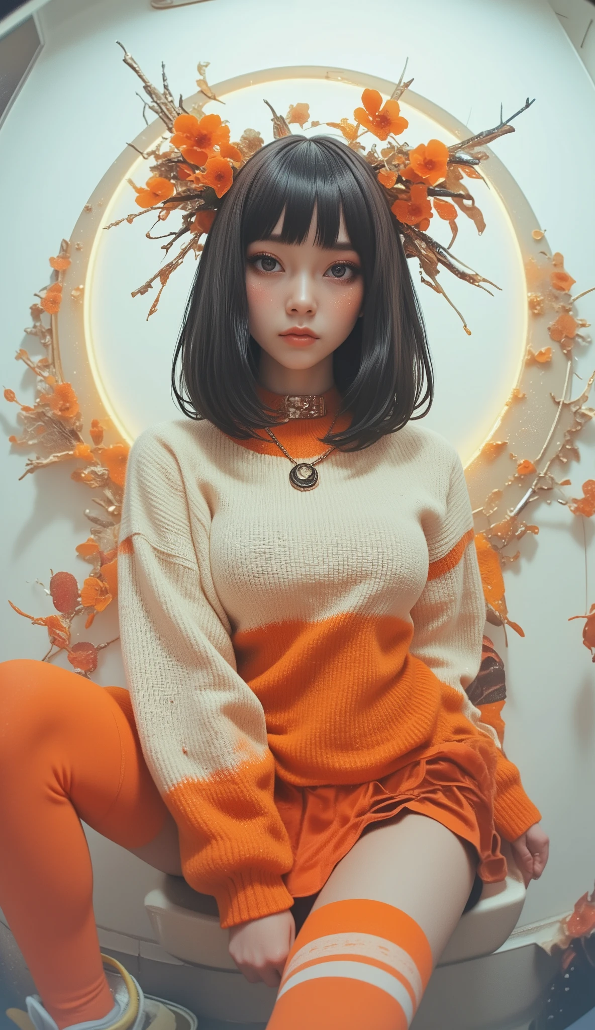 Fisheye Wide Angle , high angle、Face Zoom In 、off-white and orange tight knit sweater, Fisheye Wide Angle 1 of Mori Gutterpunk women , A giant circle of glowing marble angels、 bangs with lots of flowers 、 wearing leggings and trainers 、 very big breasts、 chest、 in front of the washroom、The expression and outfit are 、Bold makeup and accessories. Underfoot shadows、 high angleで強めの魚眼視点、 white background、 is anatomically correct、