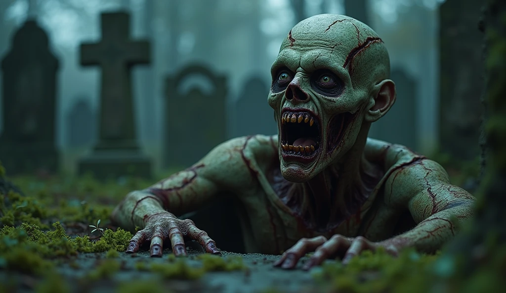 Close-up of a rotting zombie skin in an advanced state of decay rising from a grave on the ground in an old cemetery filled with cracked and moss-covered headstones, night, take the key, 8k, Ultra HD, insanely detailed , intricate, photograph , high-sharpness 3D effect , unreal engine 5, detailed textures , close-up, Dynamic image, dynamic movements , action movements, action, natural movements