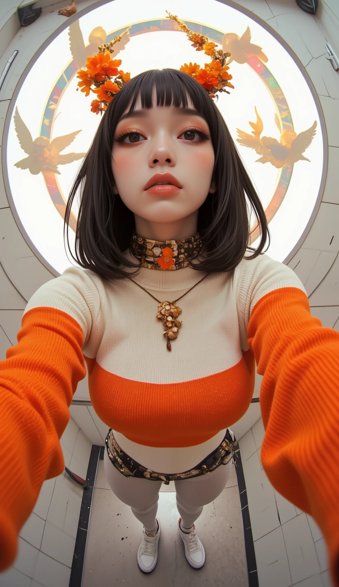 Fisheye Wide Angle , high angle、Face Zoom In 、off-white and orange tight knit sweater, Fisheye Wide Angle 1 of Mori Gutterpunk women , A giant circle of glowing marble angels、 bangs with lots of flowers 、Sloppy mouth、 Lower Lips 、Empty eyes 、 wearing leggings and trainers 、 very big breasts、 chest、 in front of the washroom、The expression and outfit are 、Bold makeup and accessories. Underfoot shadows、 high angleで強めの魚眼視点、 white background、 is anatomically correct、