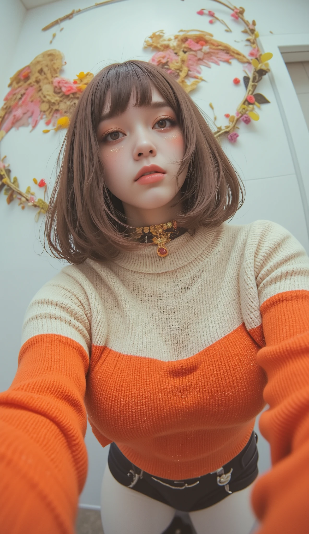 Fisheye Wide Angle  ,  high angle、Face Zoom In 、off-white and orange tight knit sweater, Fisheye Wide Angle  １ of Mori Gutterpunk women  , A giant circle of glowing marble angels、 bangs with lots of flowers 、Sloppy mouth、 Lower Lips 、Empty eyes 、 wearing leggings and trainers 、 very big breasts、 chest、 in front of the washroom、The expression and outfit are 、Bold makeup and accessories. Underfoot shadows、  high angleで強めの魚眼視点、 white background、 is anatomically correct、