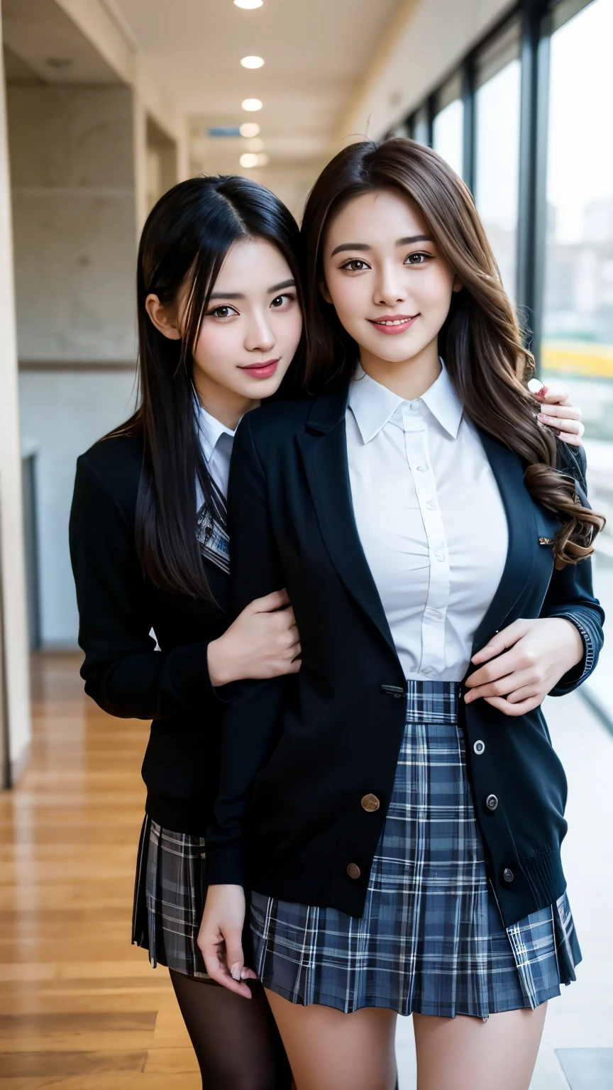 top quality,8k,smile, blazer,Uniform ribbon, miniskirt, high school girl, depicting multiple girls, colorful fashion, harem, idol group, photography, long hair, wearing a cardigan , top quality, big breasted , happy girl , horny girl, yellow eyes, Perfect Face ,Standing, horny girl,Girls hugging each other ,One person's Bangs, beautiful eyes,corridor,Girls hugging each other , Smooth Hair ,Various hair colors , 's naughty girl, beautiful girl, beautiful girl, loose socks