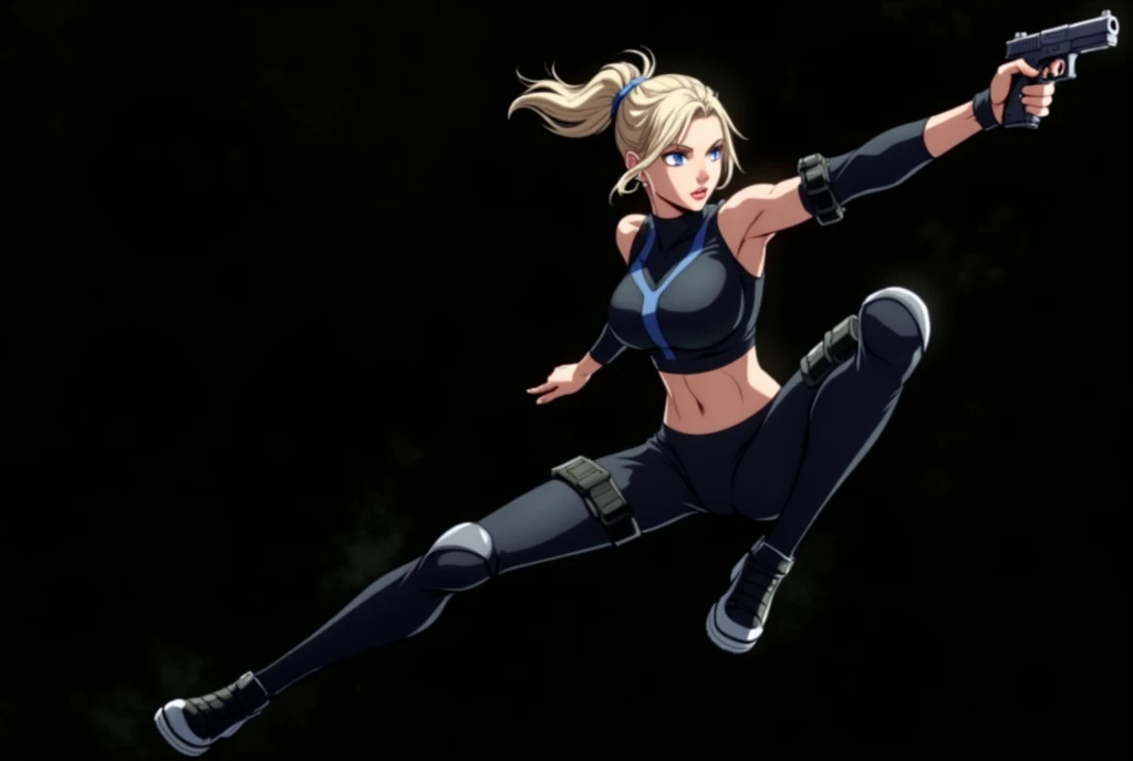 Wearing a tight fitting black bodysuit、Woman doing karate