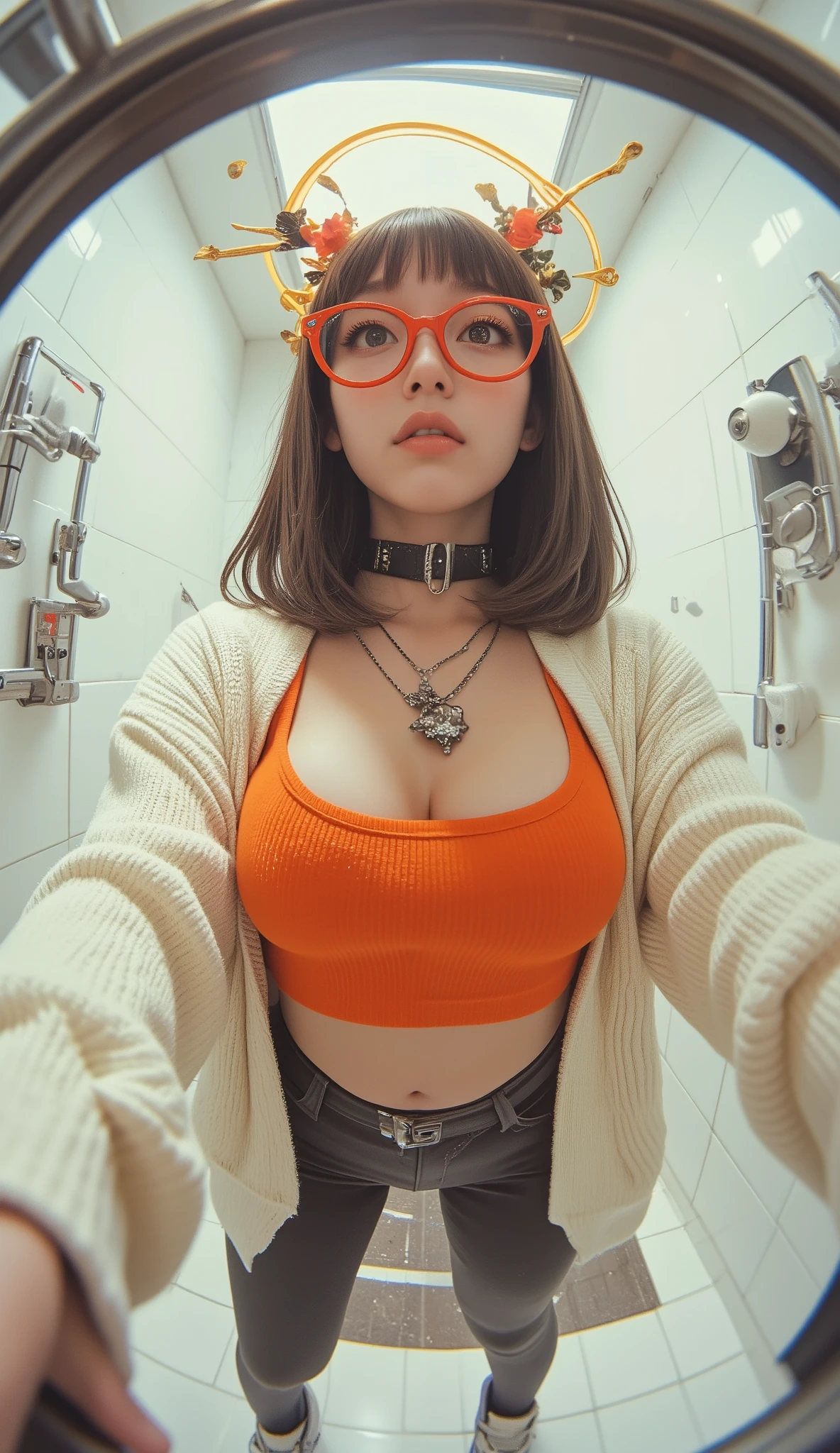 Fisheye Wide Angle  ,  high angle、Face Zoom In 、off-white and orange tight knit sweater, Fisheye Wide Angle  １ of Mori Gutterpunk women  , red cell frame glasses、A giant circle of glowing marble angels、 bangs with lots of flowers 、Sloppy mouth、 Lower Lips 、Empty eyes 、 wearing leggings and trainers 、 very big breasts、 chest、 in front of the washroom、The expression and outfit are 、Bold makeup and accessories. Underfoot shadows、  high angleで強めの魚眼視点、 white background、 is anatomically correct、