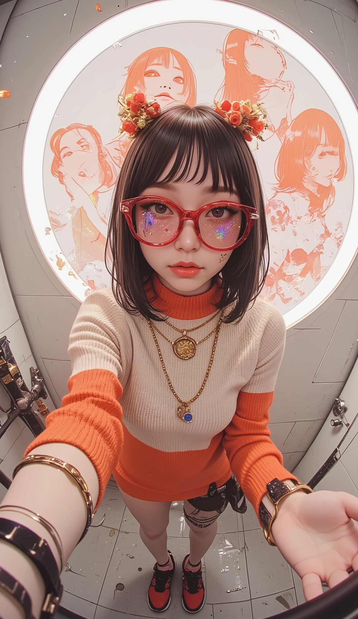 Fisheye Wide Angle  ,  high angle、Face Zoom In 、off-white and orange tight knit sweater, Fisheye Wide Angle  １ of Mori Gutterpunk women  , red cell frame glasses、A giant circle of glowing marble angels、 bangs with lots of flowers 、Sloppy mouth、 Lower Lips 、Empty eyes 、 wearing leggings and trainers 、 very big breasts、 chest、 in front of the washroom、The expression and outfit are 、Bold makeup and accessories. Underfoot shadows、  high angleで強めの魚眼視点、 white background、 is anatomically correct、