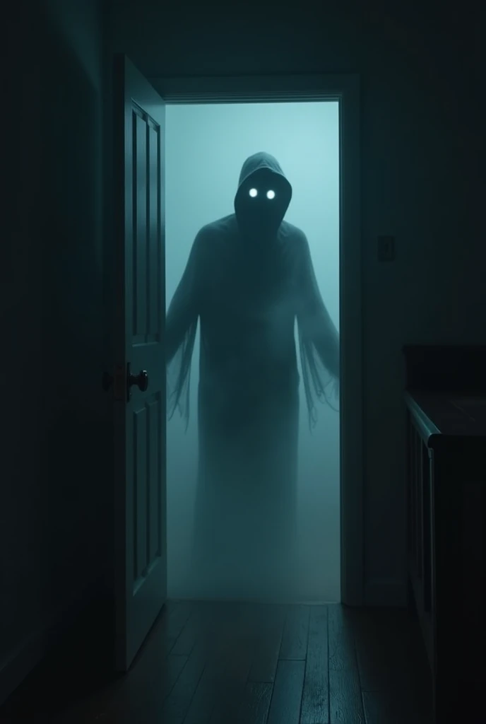 A sinister spectral figure emerging from a dark closet towards the viewer, with eyes glowing faintly in the darkness. The scene is permeated with an eerie blue light, which increases the supernatural feeling. atmosphere of fear and horror