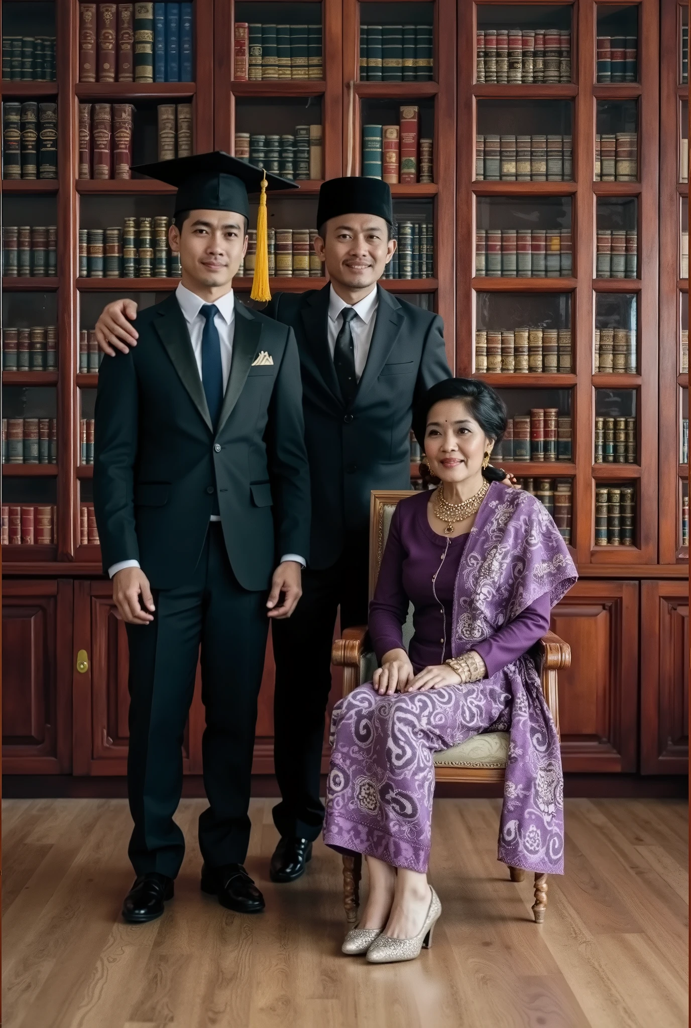 A heartwarming, high-resolution photograph of a proud Indonesian family celebrating a momentous occasion. In the foreground, a young man of 25, dressed in a black suit with a white shirt and black tie, and wearing a traditional toga hat, is graduating. Standing beside him, his father dons a similar attire, while his mother sits on a chair, adorned in a vibrant traditional purple Batak kebaya, a sarong batik bottom, and a beautifully draped shawl over her shoulder. The background showcases a stunning teak bookcase filled with books, creating a welcoming and cozy atmosphere that encapsulates the essence of family pride and academic achievement.