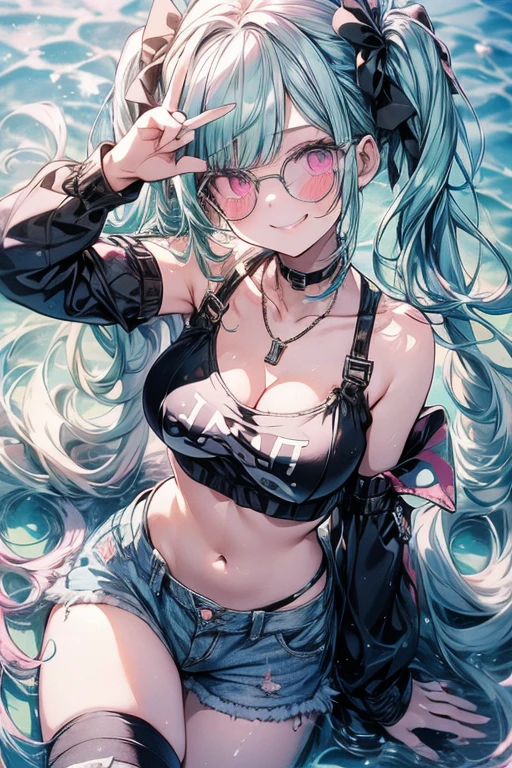 Hatsune Miku and Harley Quinn, rebel, very skimpy, slutty, crazy, wearing an oversized hoodie with a very slutty bra and shorts underneath, teen, ???, solo, very young, very short girl, teenager, extremely huge tits, ridiculously disproportional hourglass figure, absurdly wide hips, thick thighs