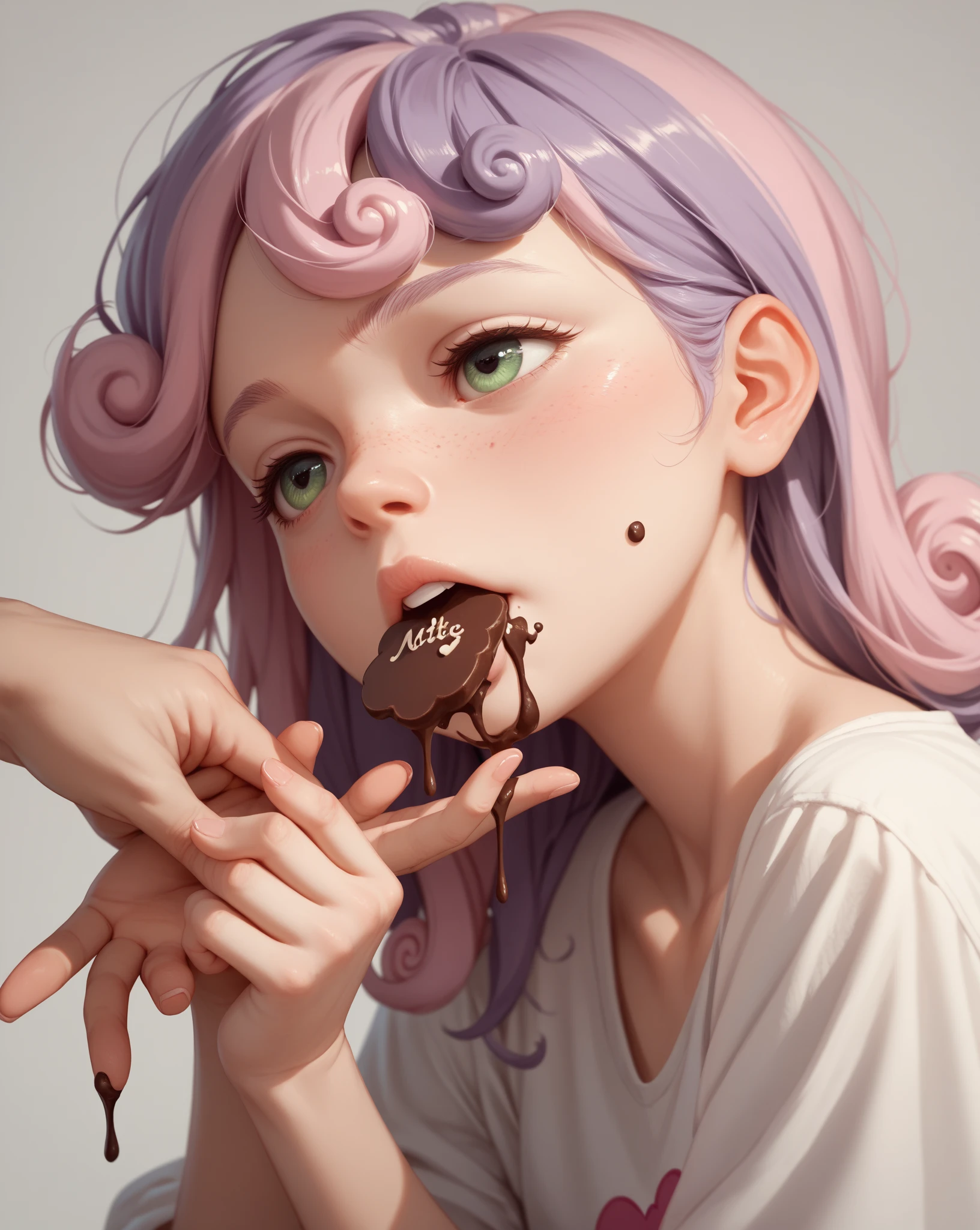 Profile of woman in ponytail eating sausage, adding, face closeup, profile, freckles on face, white liquid dripping from mouth, drooling, glaring