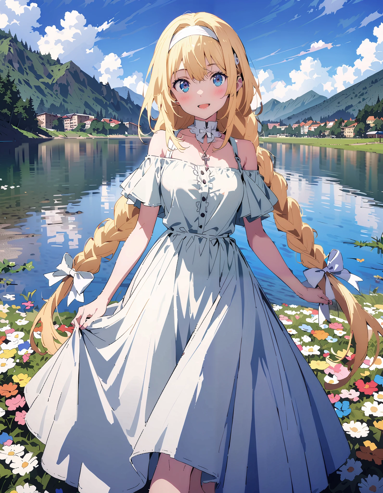Alicesburg,  Alice Sberg , Alone,bangs,  blue eyes,   blond hair,  smile,blush, open your mouth, hair between eyes, Very long braids,  single braided , headband, white  headband,yellow off-the-shoulder dress,Medium breast, white long skirt, cute heeled sandals , are standing, Flower blowing snow, style so that the whole body is in the illustration ,
break outdoors, Flower Field, Compa,Large Lake,Mountain,
break looking at viewer,
break ( Masterpiece:1.2), top quality , kampala, Unity 8k Wallpaper,(shape:0.8),(  fine, beautiful eyes  :1.6),It's a person , full body photo,CG Details , ( perfect hands, Complete Anatomy),