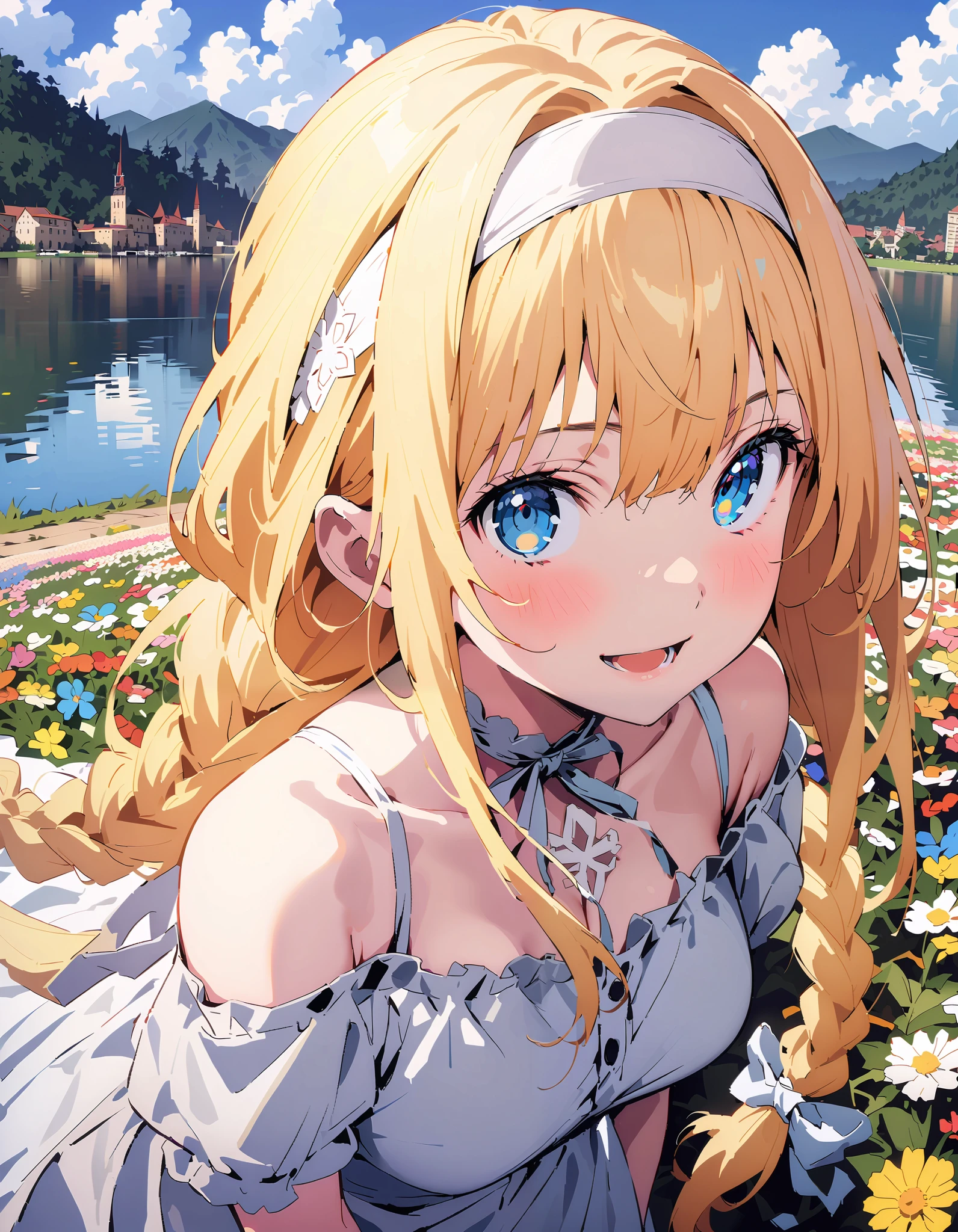 Alicesburg,  Alice Sberg , Alone,bangs,  blue eyes,   blond hair,  smile,blush, open your mouth, hair between eyes, Very long braids,  single braided , headband, white  headband,yellow off-the-shoulder dress,Medium breast, white long skirt, cute heeled sandals , are standing, Flower blowing snow, style so that the whole body is in the illustration ,
break outdoors, Flower Field, Compa,Large Lake,Mountain,
break looking at viewer,
break ( Masterpiece:1.2), top quality , kampala, Unity 8k Wallpaper,(shape:0.8),(  fine, beautiful eyes  :1.6),It's a person , full body photo,CG Details , ( perfect hands, Complete Anatomy),