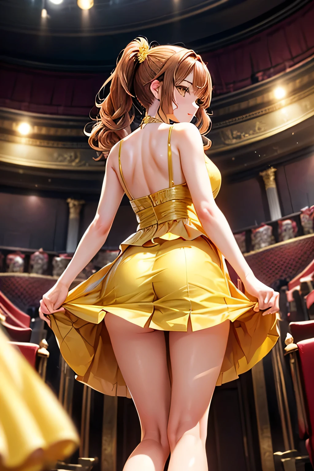 Isshiki Roha,Long Straight, brown haired, ，Brown-eyed, Yellow miniskirt dress with visible back，Black garter belt，Black tights，pin heels，venue