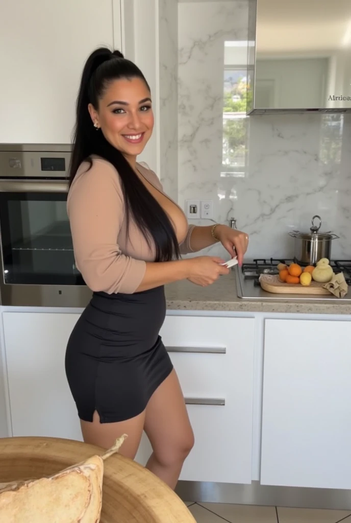 1girl, photorealistic, realistic, Latina woman, Old woman, thick lips, mature, 65 years old, Latina, straight short hair, brunette, brown skin, Latina nose, Latina eyes, Latina body, cleavage, ((background: inside the mansion pantry)), nude and naked, ((selfie shot)), smiling, standing