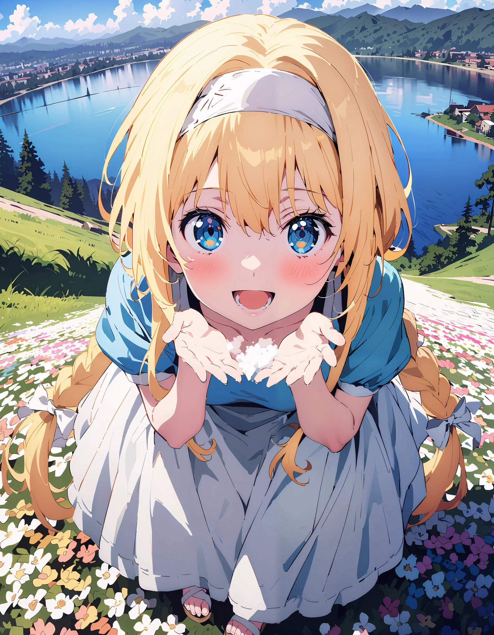 Alicesburg,  Alice Sberg , Alone,bangs,  blue eyes,   blond hair,  smile,blush, open your mouth, hair between eyes, Very long braids,  single braided , headband, white  headband,yellow off-the-shoulder dress,Medium breast, white long skirt, cute heeled sandals , are standing, Flower blowing snow, style so that the whole body is in the illustration ,
break outdoors, Flower Field, Compa,Large Lake,Mountain,
break looking at viewer,
break ( Masterpiece:1.2), top quality , kampala, Unity 8k Wallpaper,(shape:0.8),(  fine, beautiful eyes  :1.6),It's a person , full body photo,CG Details , ( perfect hands, Complete Anatomy),