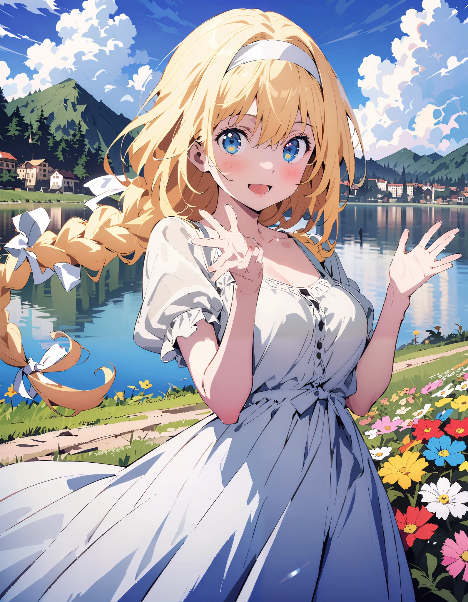 Alicesburg, Alice Sberg , Alone,bangs, blue eyes, blond hair, smile,blush, open your mouth, hair between eyes, Very long braids, single braided , headband, white headband,yellow off-the-shoulder dress,Medium breast, white long skirt, cute heeled sandals , are standing, Flower blowing snow, style so that the whole body is in the illustration ,
break outdoors, Flower Field, Compa,Large Lake,Mountain,
break looking at viewer,
break ( Masterpiece:1.2), top quality , kampala, Unity 8k Wallpaper,(shape:0.8),( fine, beautiful eyes :1.6),It's a person , full body photo,CG Details , ( perfect hands, Complete Anatomy),