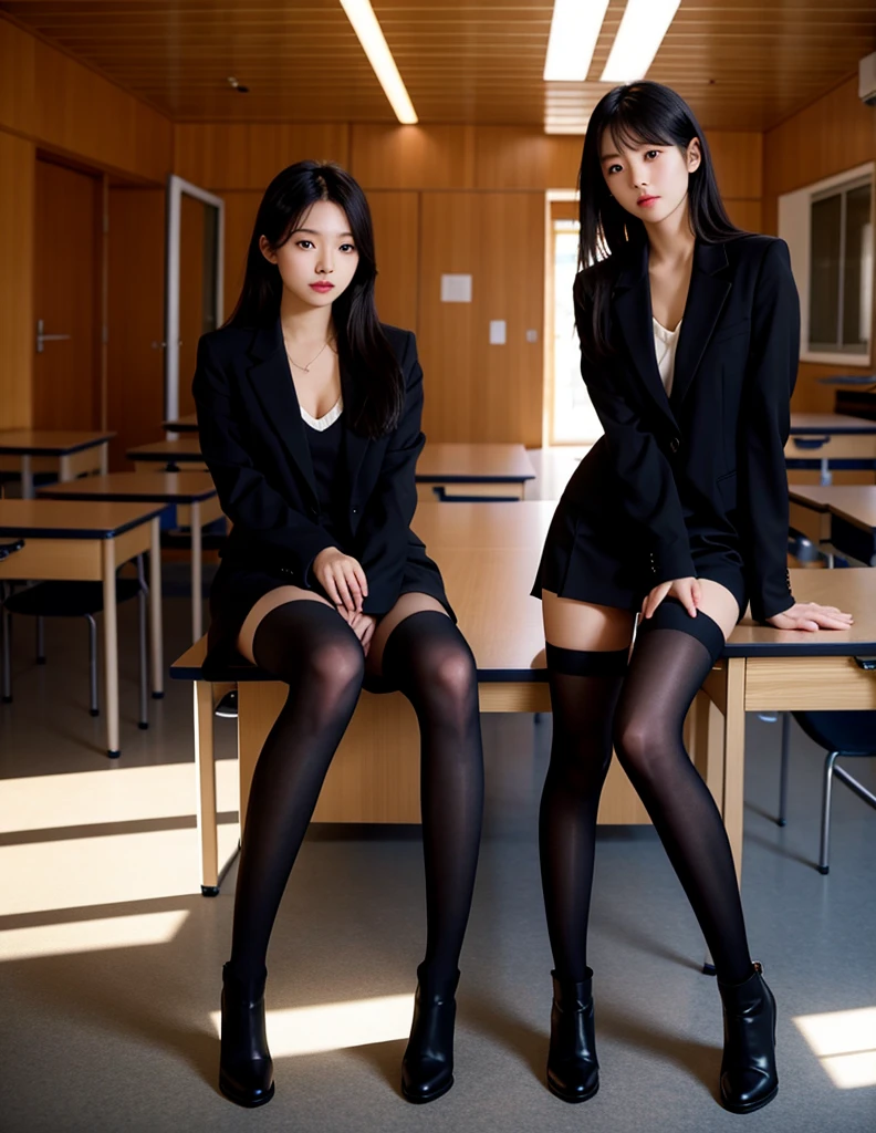 (masterpiece:1.3), High resolution, Very detailed, Very detailed CG Unity 8k 壁紙, Realistic, photo-Realistic, RAW Photos, Beautiful and elaborate face, Pale skin, Realistic glistening skin, High-quality fabric, Detailed hair texture, Perfect Style, Beautiful Face, Accurate, Anatomically correct, Very detailed顔と肌の質感, Beautiful Eyes, Brown eyes, double eyelid, Thin eyebrows, (Droopy eyes:0.65), (Glitter Eyeliner:), Natural Cheeks, Shiny skin, (Fair skin:), Shiny necklace and earrings, (Glossy Lips:),
break
(Classy and cute girl), (Random hairstyles such as ponytails and updos, Wavy Hair, Dark brown hair), (Captivating smile) (Wearing an elegant business suit), (Black Stockings), Medium sized big breasts, Cleavage、Purple lace panties、 (In the school classroom), ((Full Body Shot)), Skirt Lift,alone