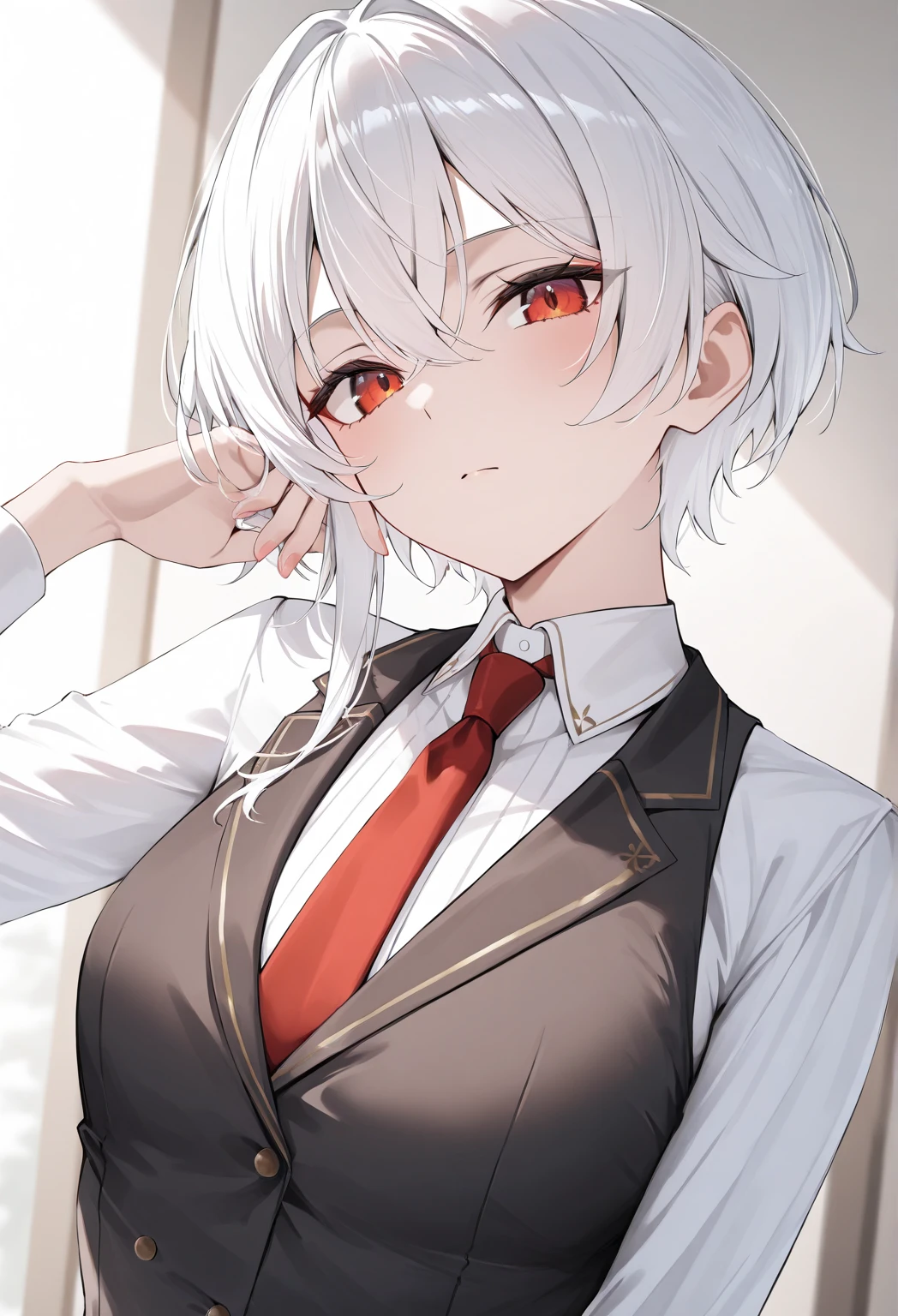 (beautiful body), (solo:2, 16 yo, hime cut silver hair hair long hair divine fighter girl, cool red eyes, serious make up face, medium tits), (in a butler suit), break, in the Testing site, BREAK, perfect anatomy, masterpiece, best quality, 16k, beautiful detailed love, sexy, daydreaming expression.