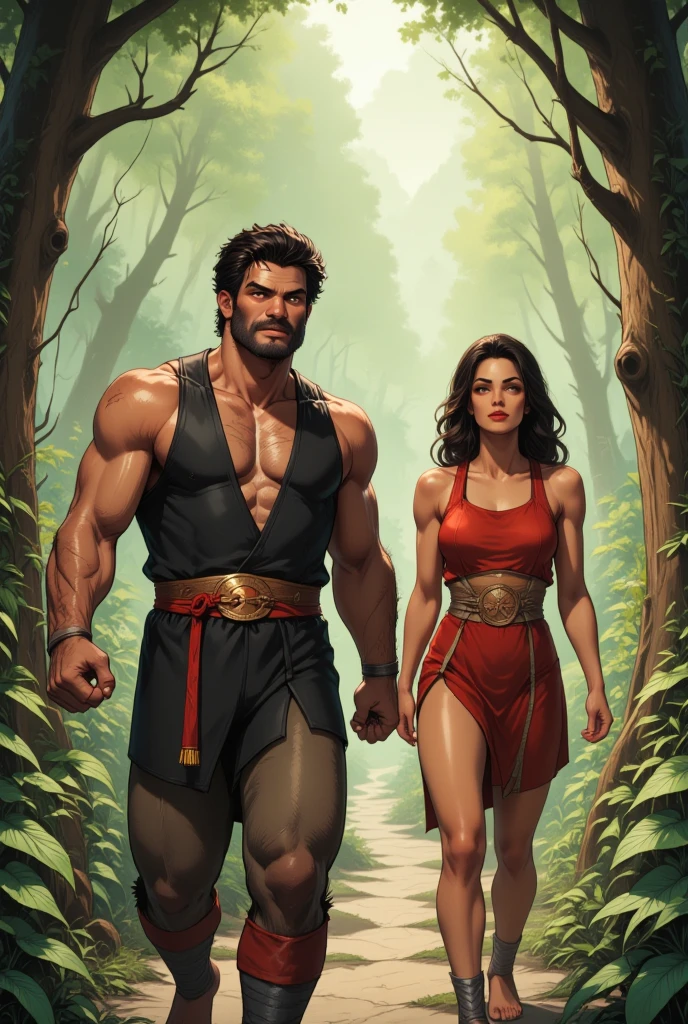 Arte detalhista estilo John Buscema,1homem,barbaro,cabelos longos negros,olhos sombrios,face limpa,manly,pele branca,usando vestimenta celta,Standing with a long sword in his hands in a jungle facing two fierce Amazons