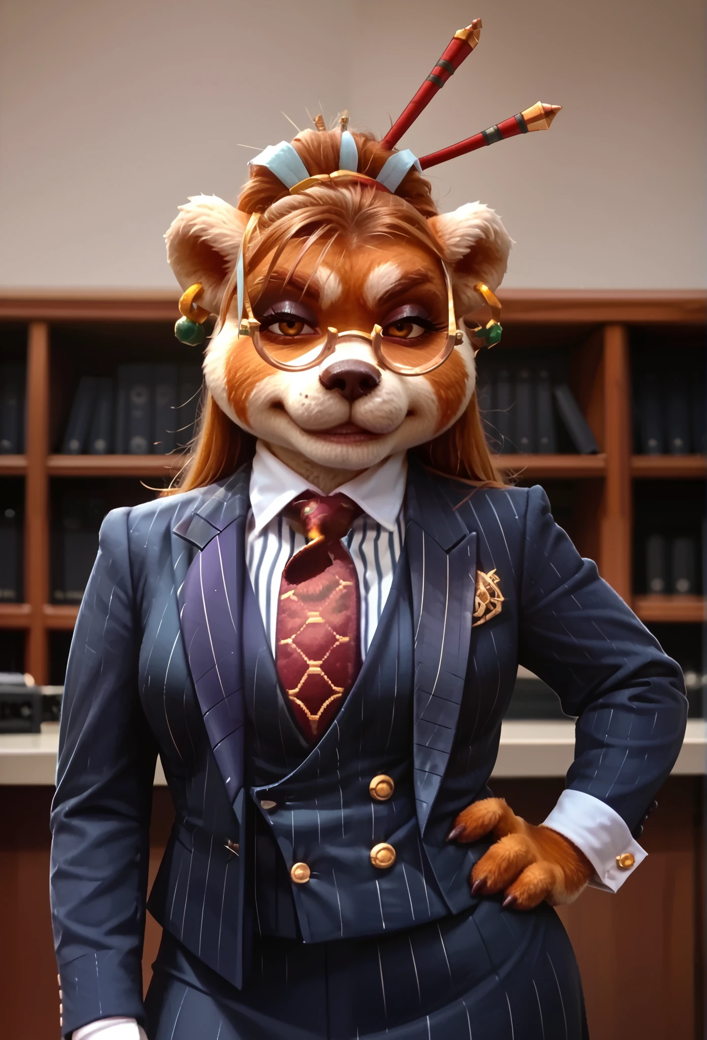score_9, score_8_up, score_7_up, score_6_up, score_5_up, score_4_up, 1girl, breasts, furry, animal ears, brown hair, brown eyes, earrings, jewelry, hair ornament, glasses, hair stick, three-piece suit, 1girl, formal, jewelry, suit, red striped necktie, waistcoat, navy pinstripe jacket, blue striped shirt with white collar, white shirt collar, shirt, skirt, bodycon skirt, smoky eyeshadow, smirk, smug, cufflinks, looking at viewer, close up, office background, superior, boss lady, hand on hip, portrait, looking down nose, sassy, fixing tie