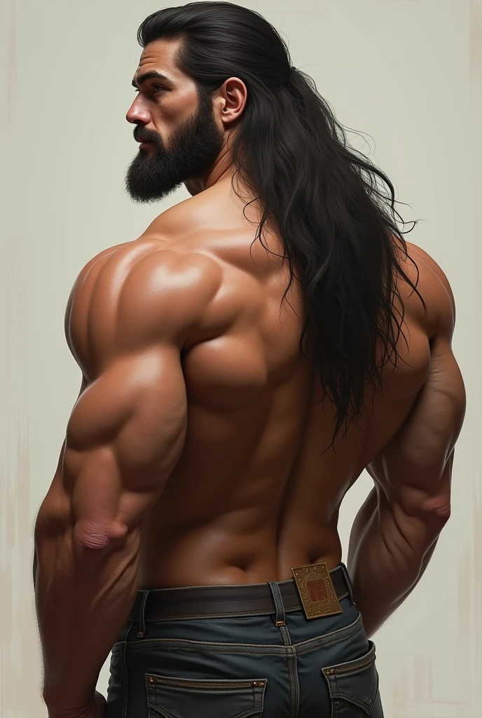 Homem forte sem camisa de costas, shoulder-length hair and black. Basic light background, emphasizing the back, pele bronzeada.