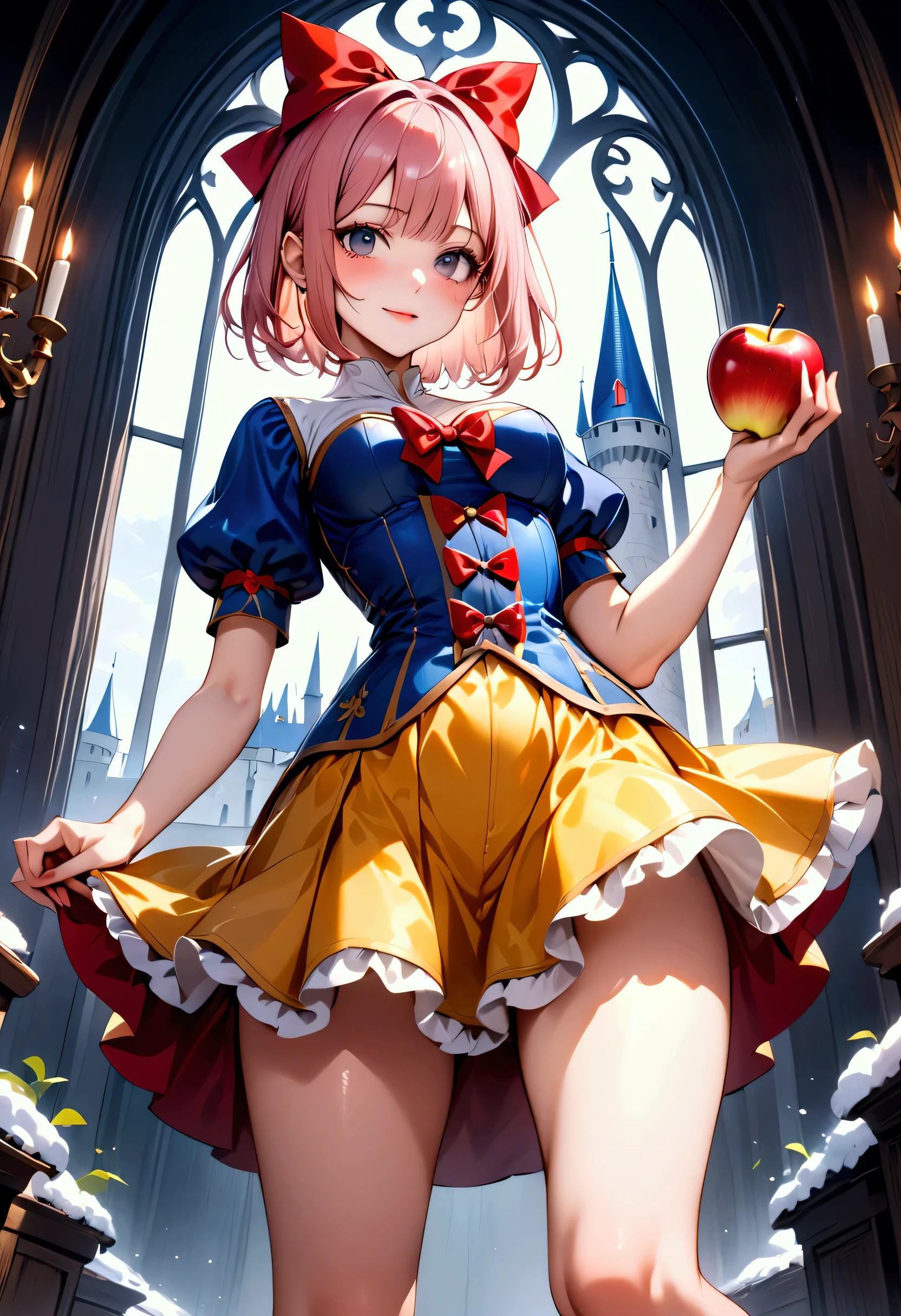 The costume is made of silk, ((cowboy shot)), (in heat), (((evil smile))), (((Picture book illustrations))), Fantasy World, (Medieval European), (Characters are on the edge), ((spring)), ((snow white cosplay, snow white (disney) (cosplay), cosplay, dress, hair bow, puff and slash sleeves, puffy short sleeves, puffy sleeves, red bow, short sleeves, skirt, yellow mini skirt)), ((Shiny Costumes)), (skindentation), break, skinny, alone, solo, Masterpiece, highest quality, highest quality, 16K, incredibly absurd, highly detailed, 2.5D, ai-generated, delicate and dynamic, very delicate facial expressions, delicate eye depiction, erotic, only sexy woman, ((A cute and kind face)), healthy figure, ((1 woman)), (20 years old), 160cm tall, (((short hair), Straight Hair, (pink hair:1.5), bob cut, black eye)),), medium firm swaying bust, ((medium breasts)), sexy, ((thin thighs)), shiny and lustrous, facing straight at viewer, ((dutch angle)), (Dynamic Pose), (((random Pose))), (evil), Medieval European castle, inside a castle room, lost in thought, gazing out the window, plotting evil, (sit), ((sexy Pose)), (((leaning back))), Grabbing an apple, (from below),