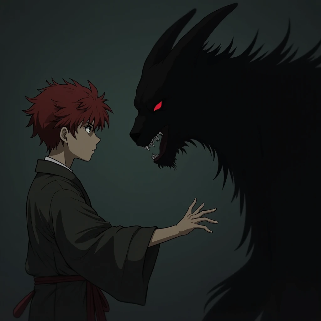 An effeminate man with long straight orange hair looking up at an ugly demon who is holding a