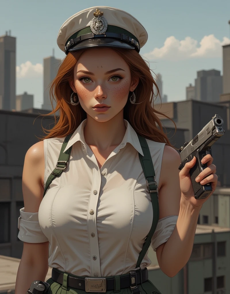 ((Beautiful Face:1.4)), (Purelos Face_v1: 1.0), Half Body,((the roof of a building background)), Front lighting, Intricate details, Exquisite detail and texture, One girl, alone ,(young), Facial highlights, Upper Body, Detailed face, (((Natural big breasts:1.2))), a military uniform, a sleeveless shirt and military pants, a pistol in one hand