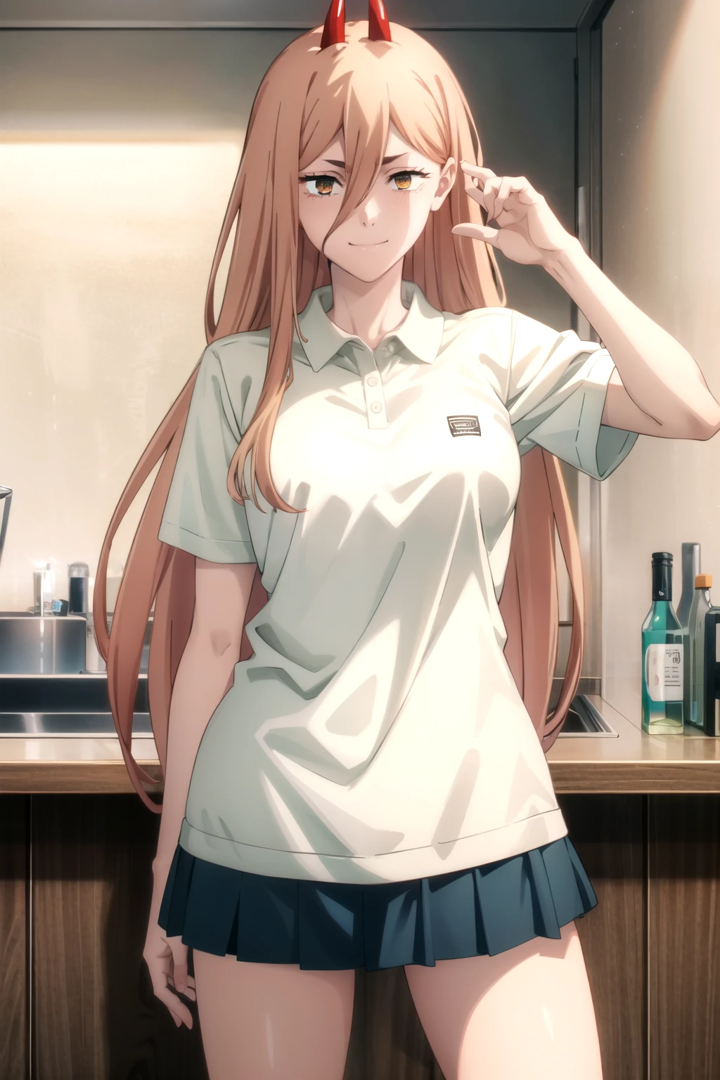 (masterpiece), (best quality), (highly detailed), (high resolution), (extremely detailed CG), (4K), (8K), (tall body), (tall), (long legs), 1girl, (power), (horn), hair between eyes, Cross-shaped pupil, long hair, (red demon horn), yellow eyes, (blond hair), smile, and stare at the viewer, closed her mouth, (white polo:1.3), (pleated mini skirt), cowboy shot