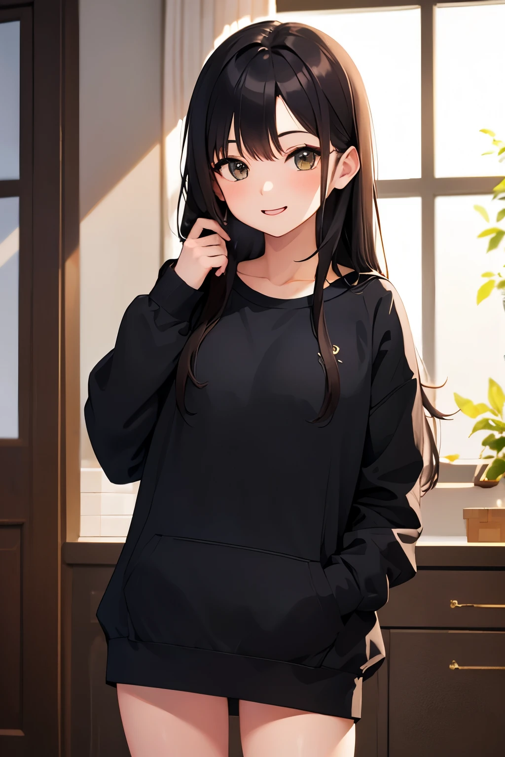 ((masterpiece)),(best quality),official art,extremely detailed CG,unity 8k wallpaper,ultra detailed,beautiful detailed eyes,extremely detailed face,office,1girl,solo,cowboy shot,looking at viewer,facing viewer,smile,nanase kurumi (menhera-chan),medium hair,brown hair,sidelocks,blunt bangs,brown eyes,collarbone,hood down,black hoodie,sleeves past wrists,medium breasts,thumbs up,no pants,black thighhighs,loafers,<lora:Nanase Kurumi(menhera-chan)>,