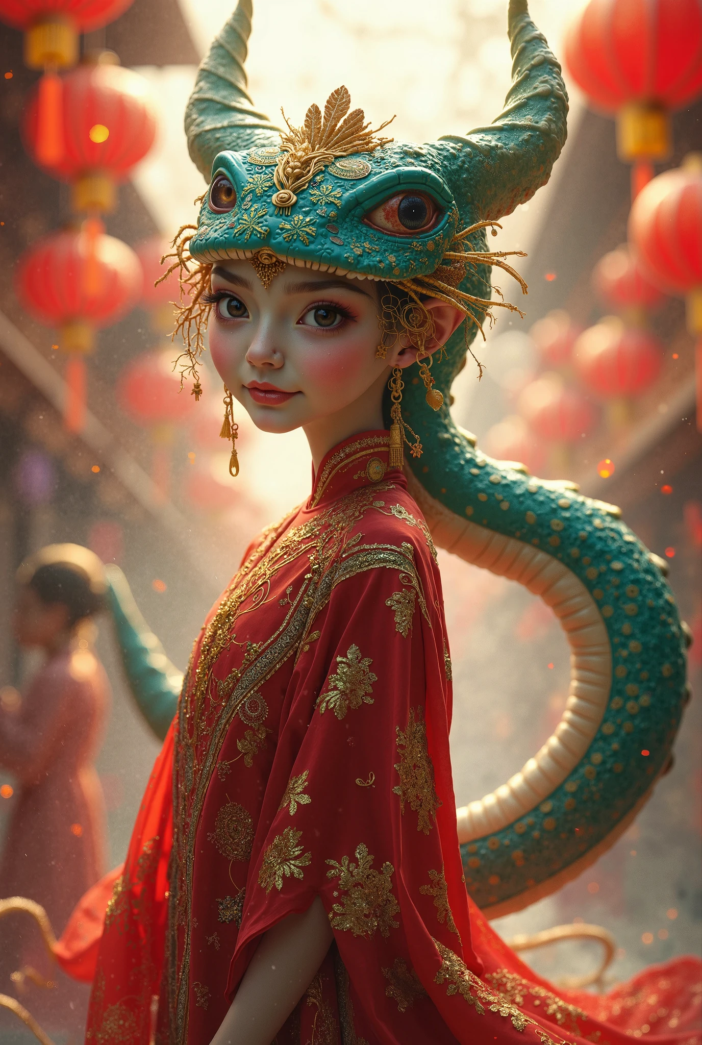 There is a woman in a red dress and a dragon headdress - SeaArt AI