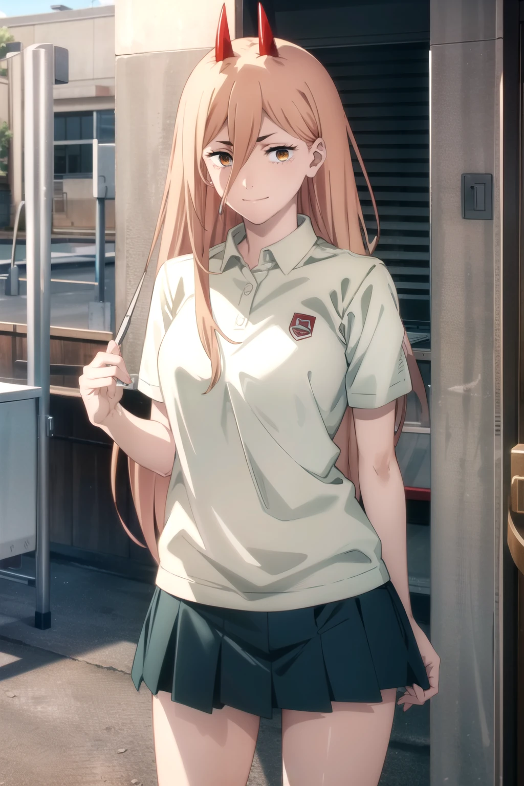 (masterpiece), (best quality), (highly detailed), (high resolution), (extremely detailed CG), (4K), (8K), (tall body), (tall), (long legs), 1girl, (power), (horn), hair between eyes, Cross-shaped pupil, long hair, (red demon horn), yellow eyes, (blond hair), smile, and stare at the viewer, closed her mouth, (white polo:1.3), (pleated mini skirt), cowboy shot