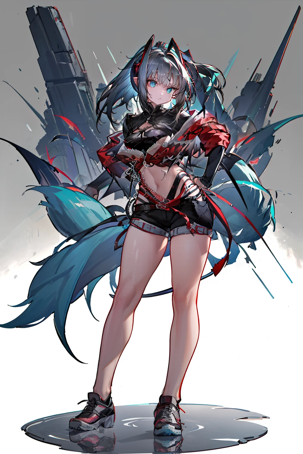 [ high quality] Wiš'adel  (Arknight)  small dark blue horns , turquoise blue eyes,  long hair tied in a ponytail,  dark brown hair ,  huge breasts , dagger in the hand in defense position ,  shorts with a chain around the hips,  short shirt, turquoise blue stencion,  brown hair, hair tied with a tail , Full media image, bottom: Destroyed City Cloudy, dagger in the hand at chest height, Muzlos-length sneakers, Medium screen close to ,  Fox ears and tail 