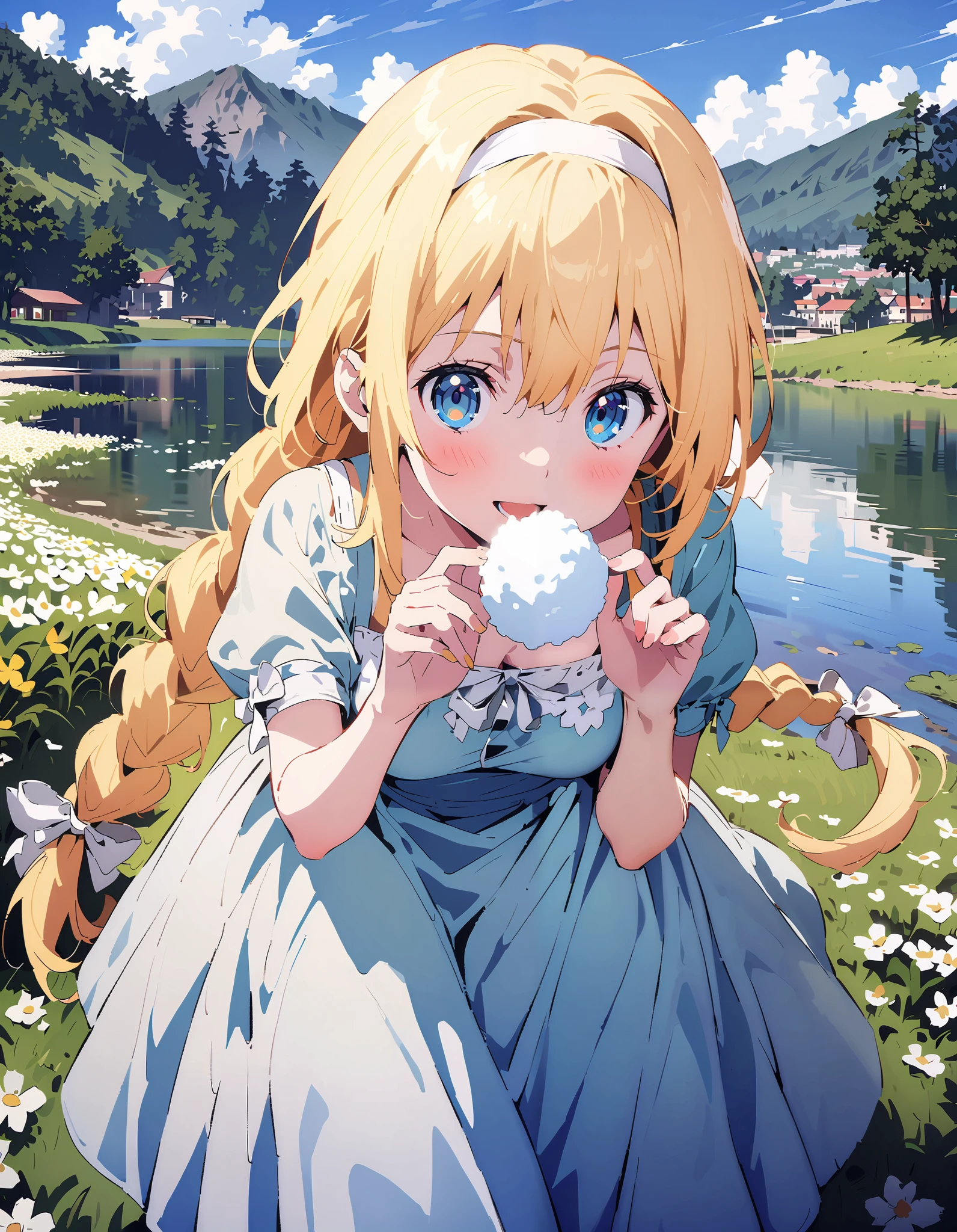 Alicesburg, Alice Sberg , Alone,bangs, blue eyes, blond hair, smile,blush, open your mouth, hair between eyes, Very long braids, single braided , headband, white headband,yellow off-the-shoulder dress,Medium breast, white long skirt, cute heeled sandals , are standing, Flower blowing snow, style so that the whole body is in the illustration ,
break outdoors, Flower Field, Compa,Large Lake,Mountain,
break looking at viewer,
break ( Masterpiece:1.2), top quality , kampala, Unity 8k Wallpaper,(shape:0.8),( fine, beautiful eyes :1.6),It's a person , full body photo,CG Details , ( perfect hands, Complete Anatomy),