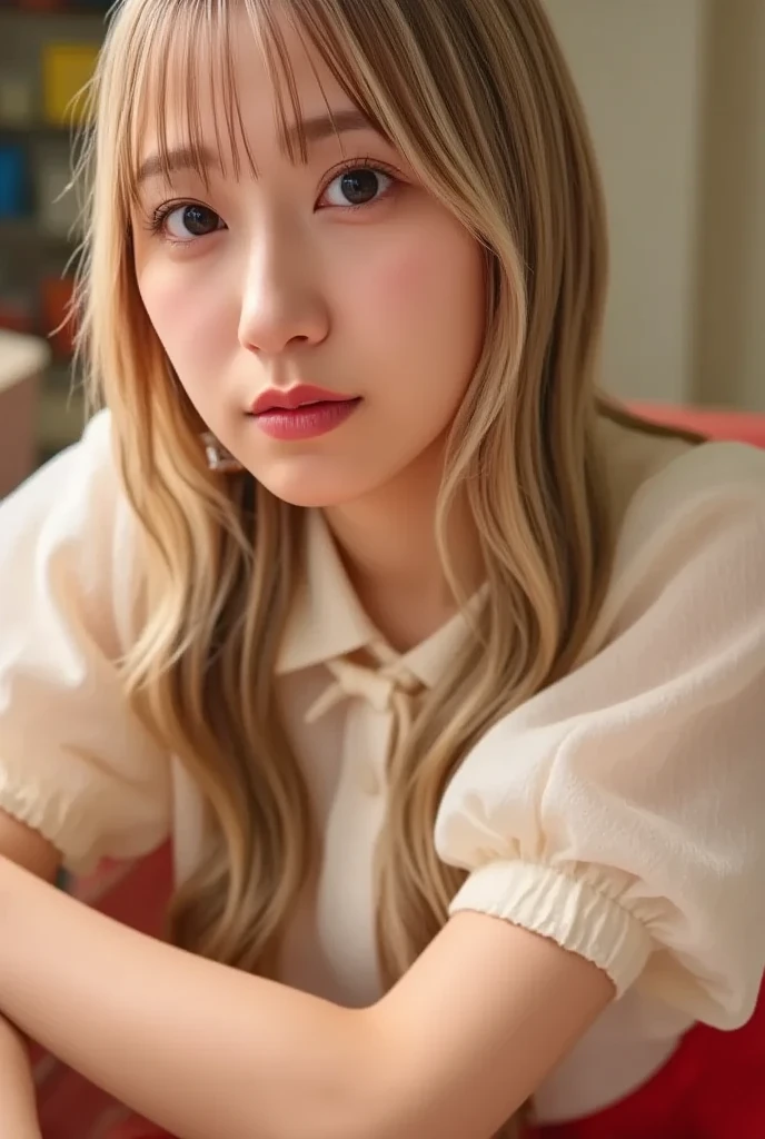 There is a woman with long red hair sitting on a bed, Lalisa Manobal, Lalisa Manoban do Blackpink, parque roseanne de blackpink, Sun Yunjoo, Com franja, O corte Hime, com franja completa, jossi do blackpink, Heonhwa Choe, portrait of jossi do blackpink, Asuka, Parque Ji-min