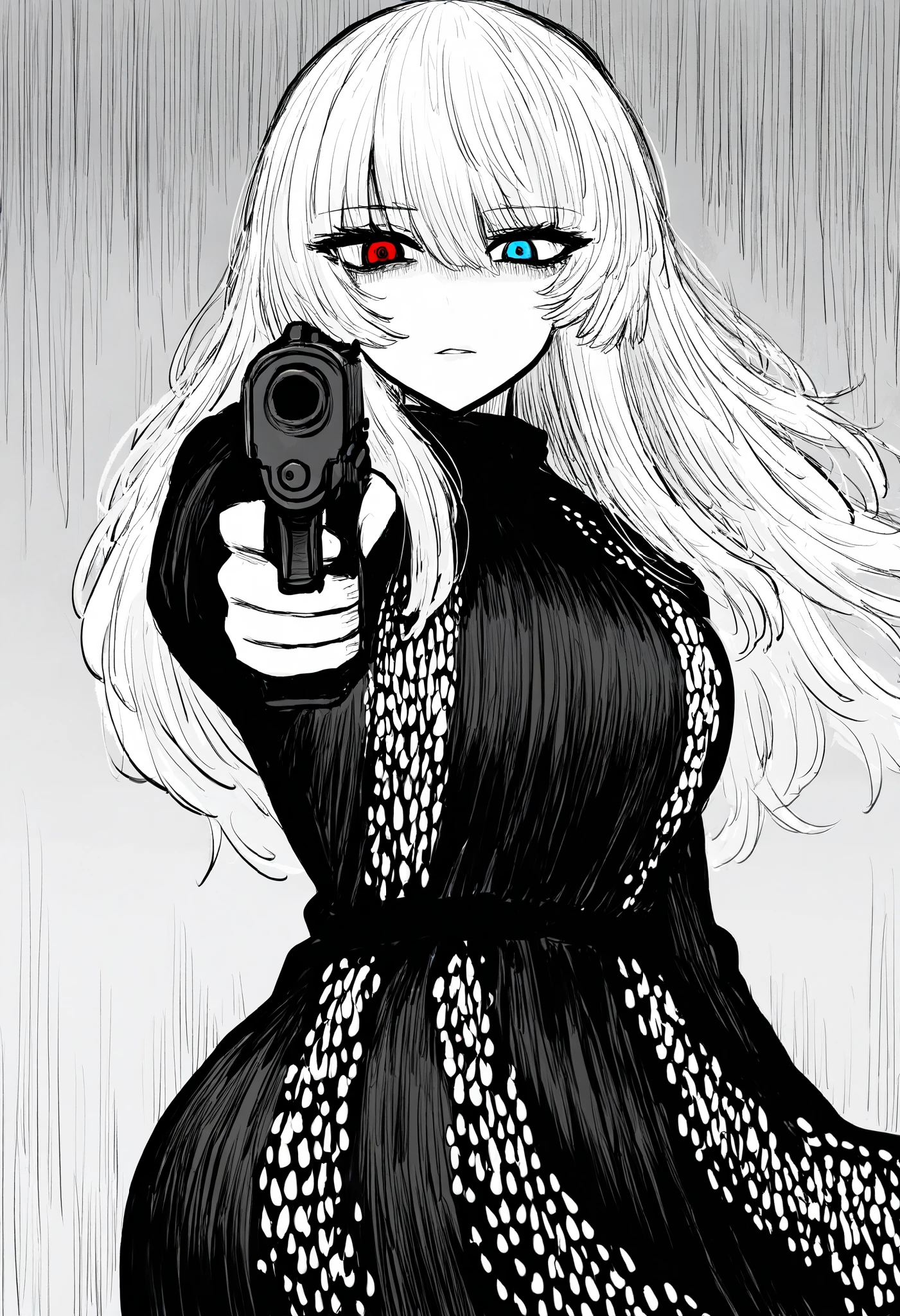(masterpiece), best quality, 1girl, perfect face,curvy body,arrogant gaze,monochrome,slightly wavy white hair,long hair,Heterochromia eyes,right eye is red,left eye is cyan, cowboy shot, standing, portrait, upper body,black dress,sequins on dress,finger on trigger,hand gun, holding gun, aiming at viewer, handgun, holding weapon
